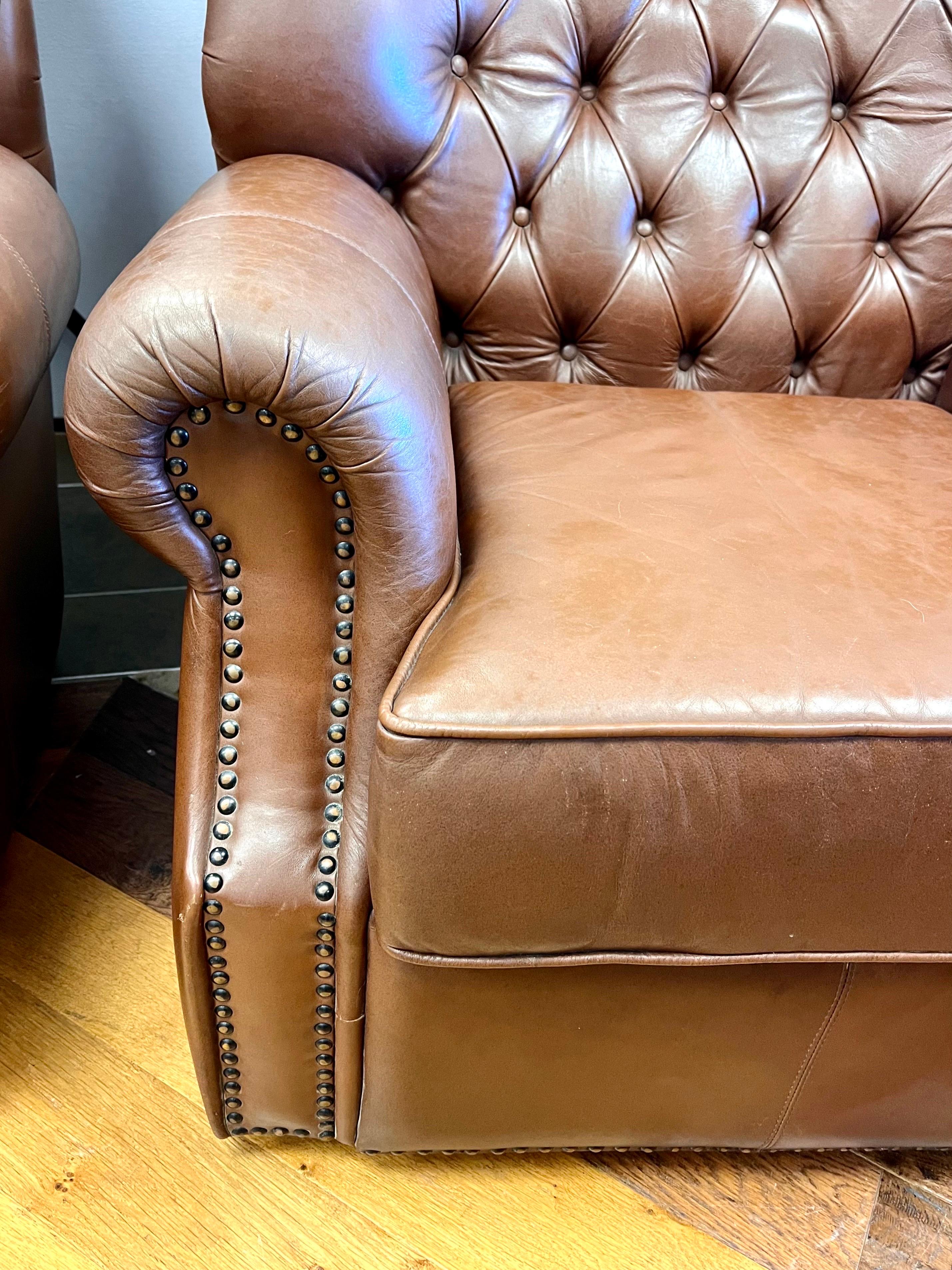 American Pair of Brown Leather Tufted Chesterfield Nailhead Cigar Club Chairs