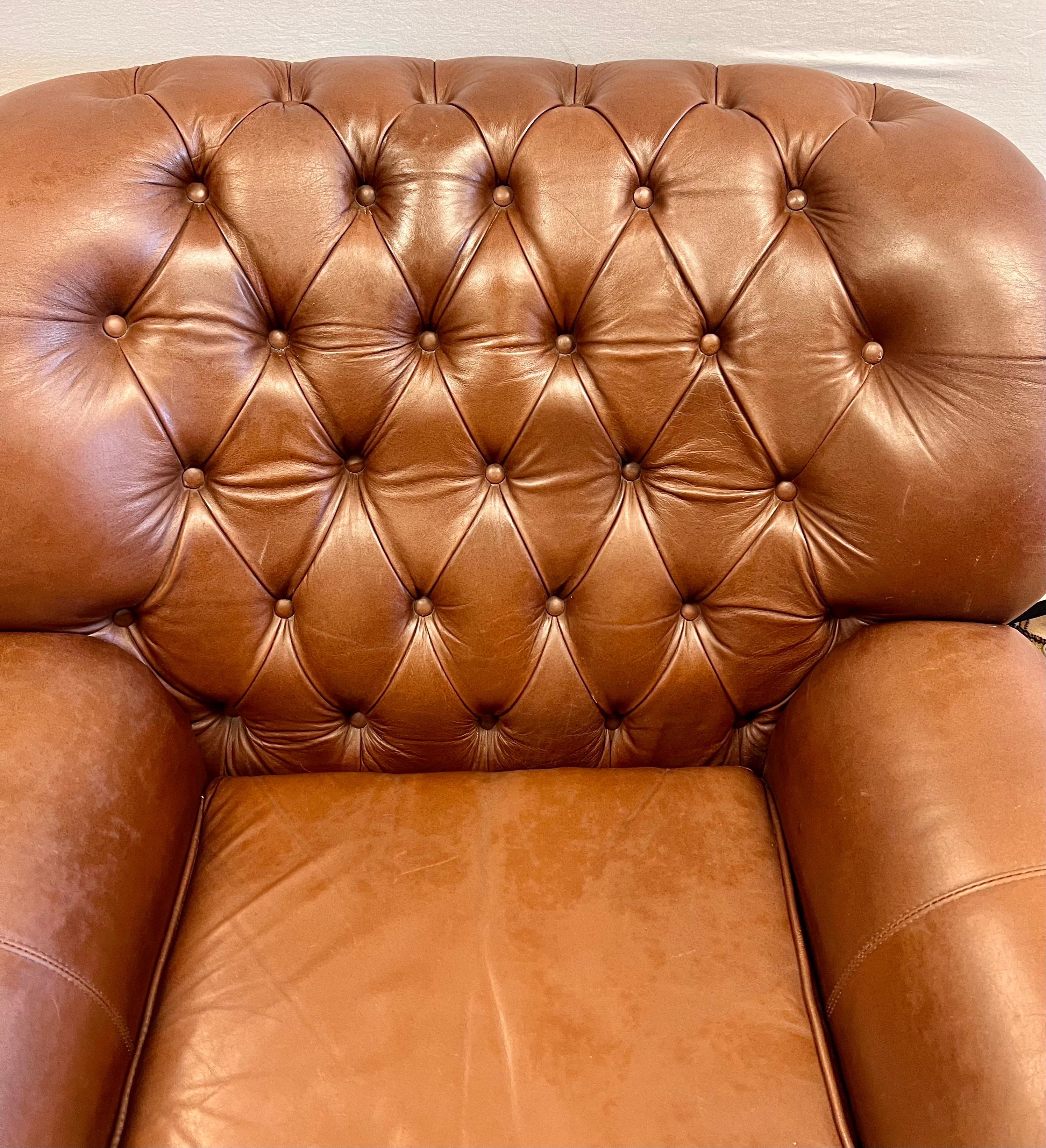 Pair of Brown Leather Tufted Chesterfield Nailhead Cigar Club Chairs In Good Condition In West Hartford, CT