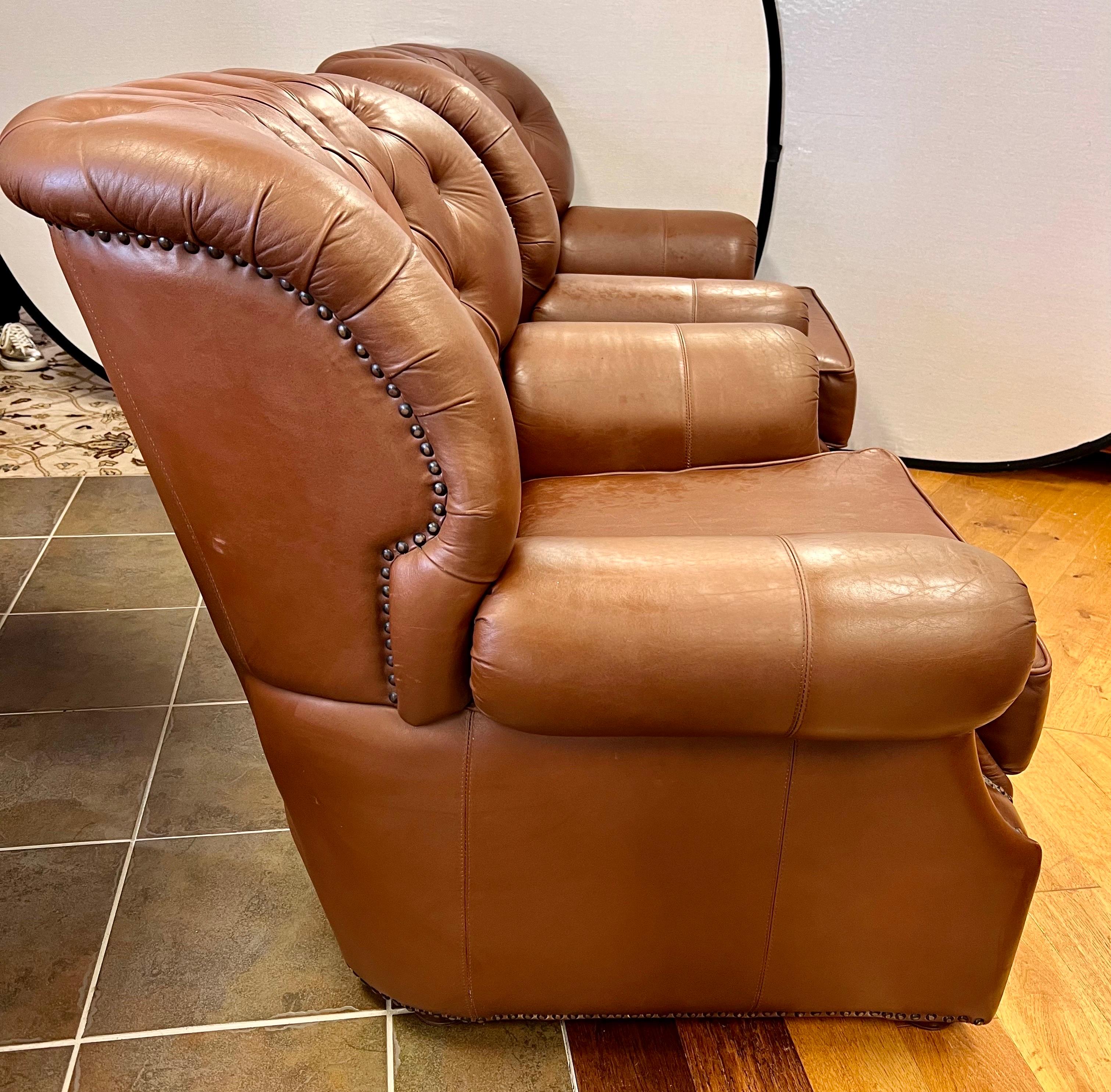 20th Century Pair of Brown Leather Tufted Chesterfield Nailhead Cigar Club Chairs