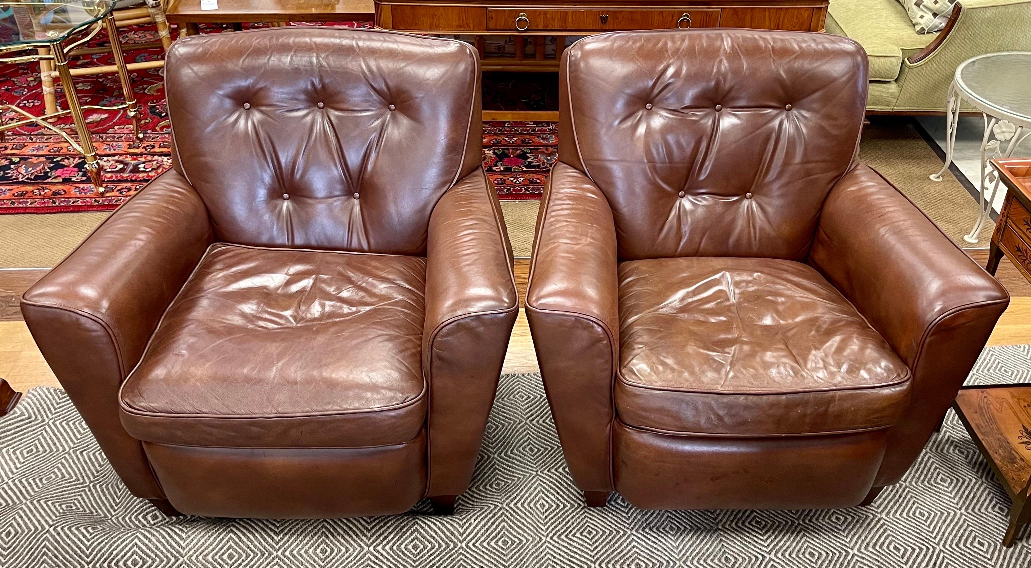 American Pair of Brown Leather Tufted Club Cigar Chairs