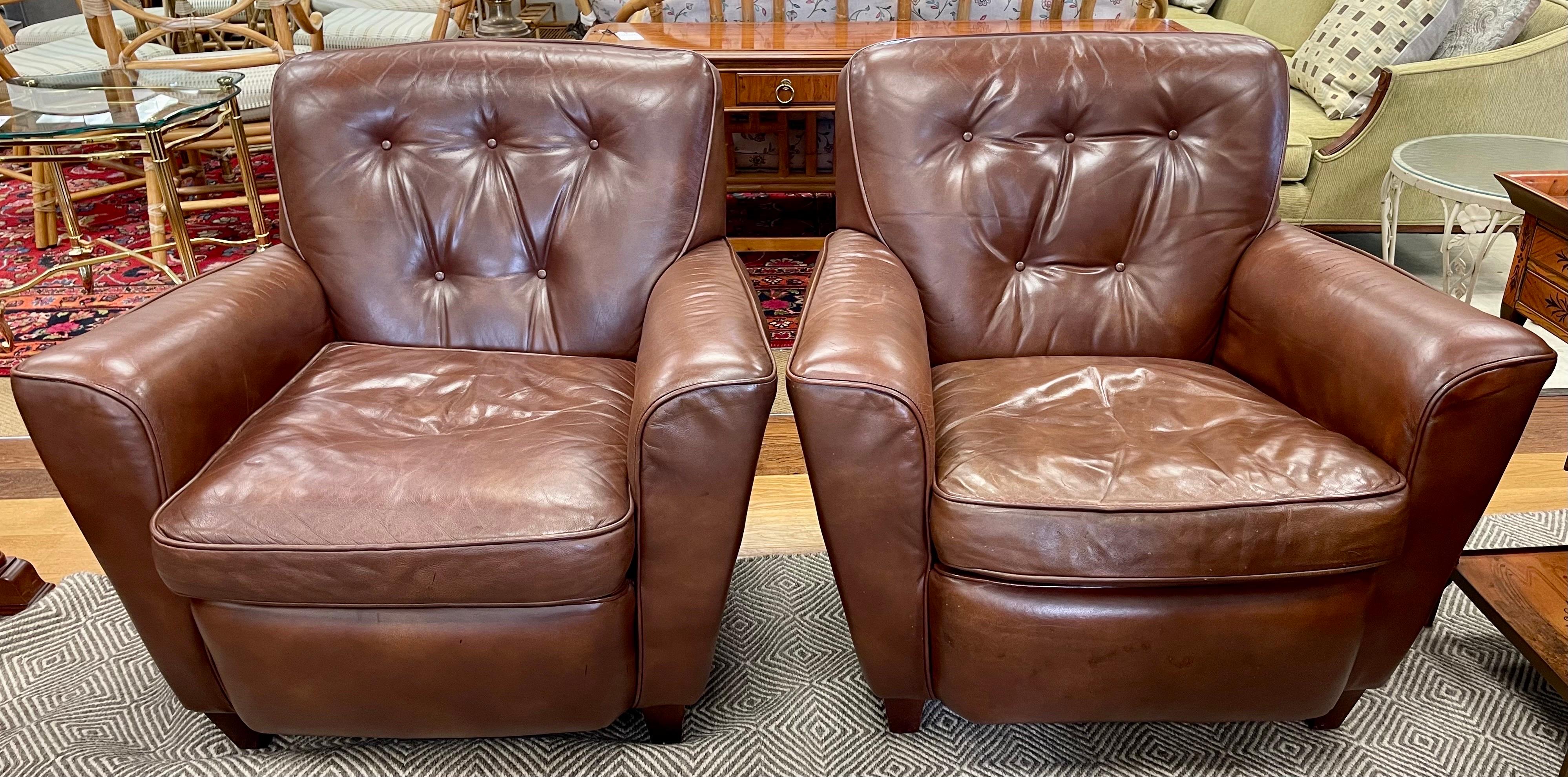 Pair of Brown Leather Tufted Club Cigar Chairs In Good Condition In West Hartford, CT