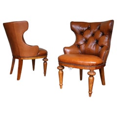 Pair of Brown Leather Tufted Library Side Chairs by Century Furniture, 1990s