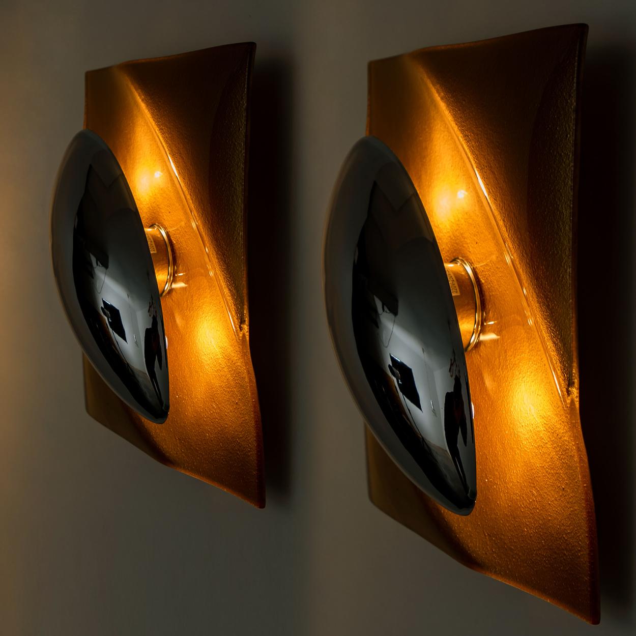 Pair of Brown Metal Glass Space Age Wall Lights, Italy, 1970s For Sale 1