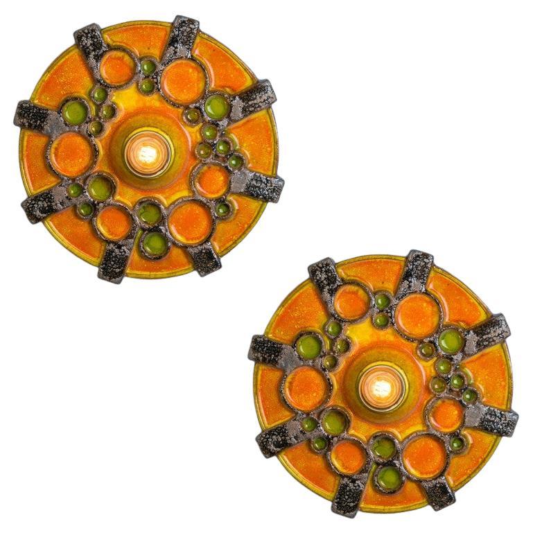 Paire d'appliques en céramique marron, orange et verte, Allemagne, 1970 en vente