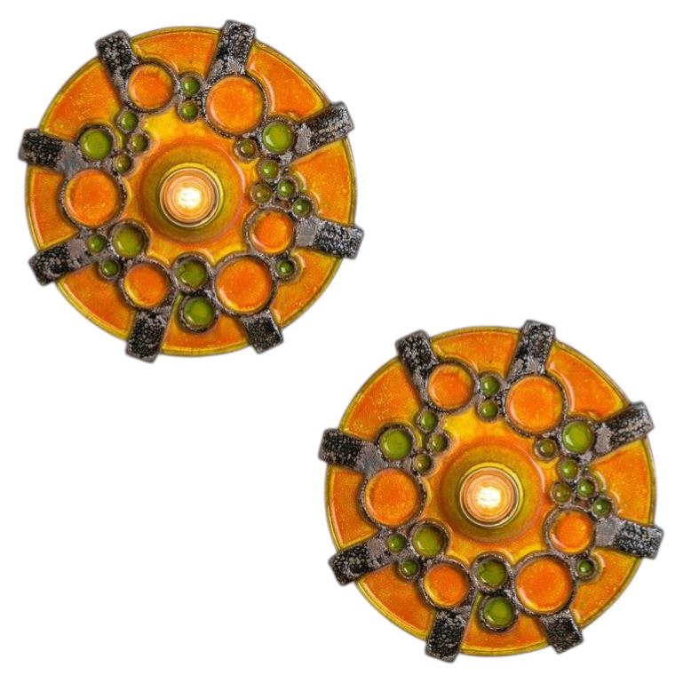 Pair of Brown Orange and Green Ceramic Wall Lights, Germany, 1970