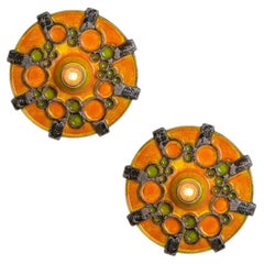 Pair of Brown Orange and Green Ceramic Wall Lights, Germany, 1970