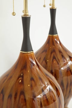 Pair of Brown Peacock Drip Glaze Lamps