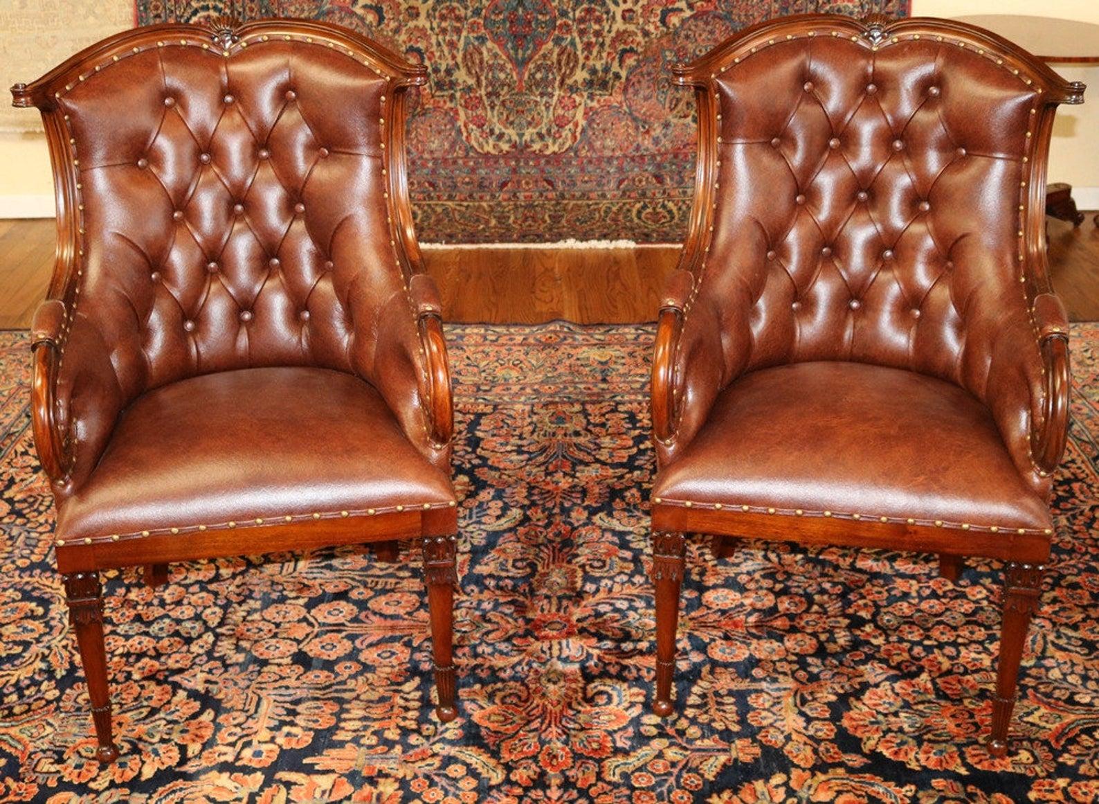 Stunning Pair of Brown Real Top Grain Leather Tufted Library Fireside Chairs

Dimensions : 27