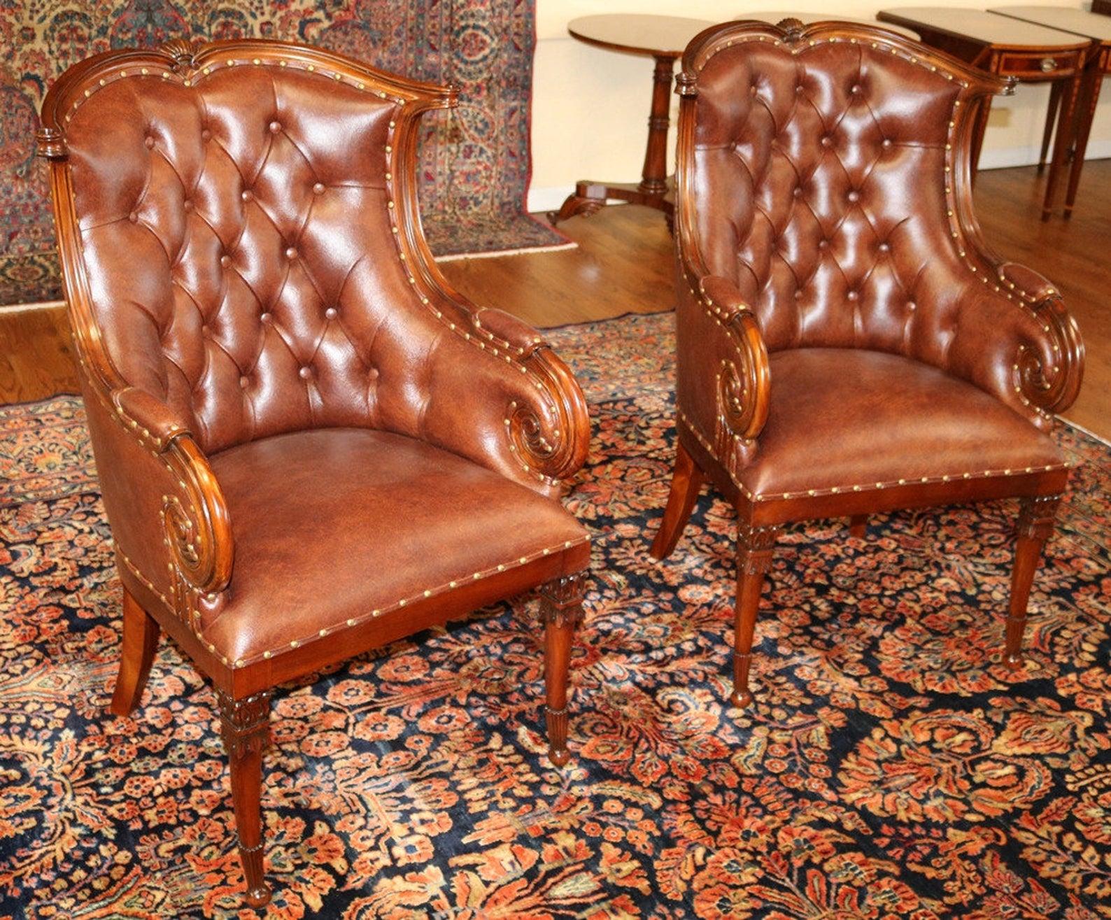 Georgian Pair of Brown Real Top Grain Leather Tufted Library Fireside Chairs  For Sale