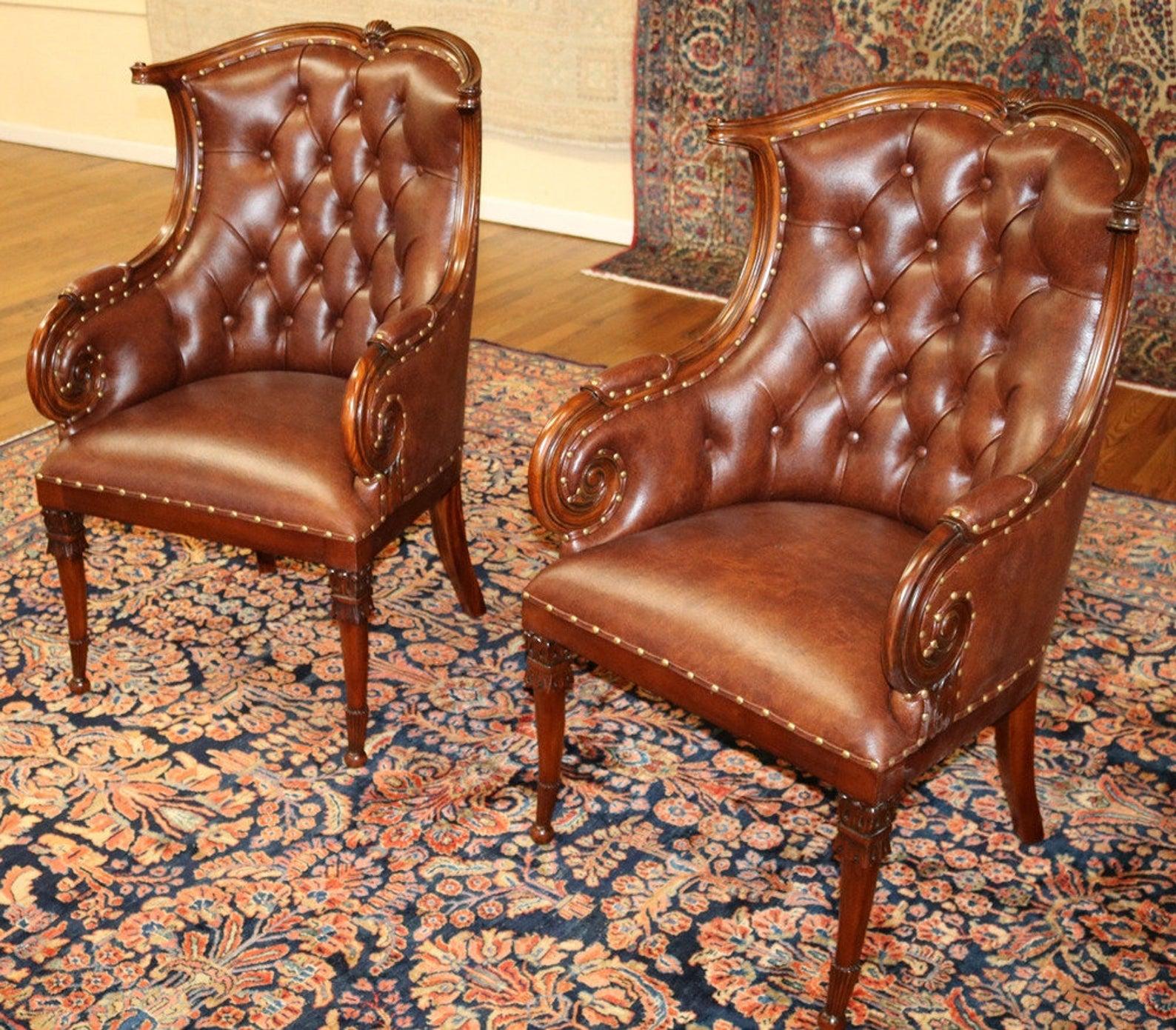 American Pair of Brown Real Top Grain Leather Tufted Library Fireside Chairs  For Sale