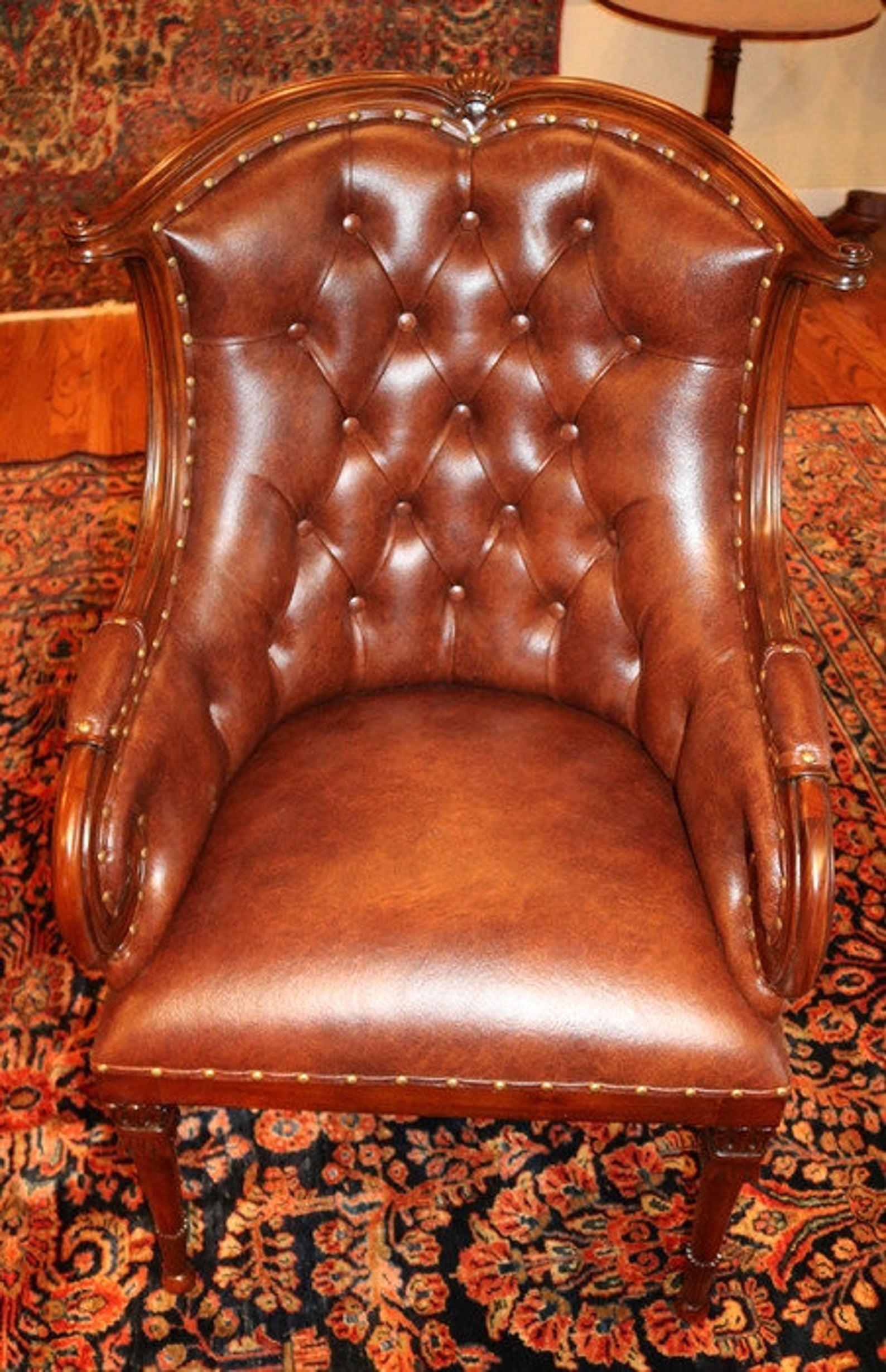 Pair of Brown Real Top Grain Leather Tufted Library Fireside Chairs  For Sale 1