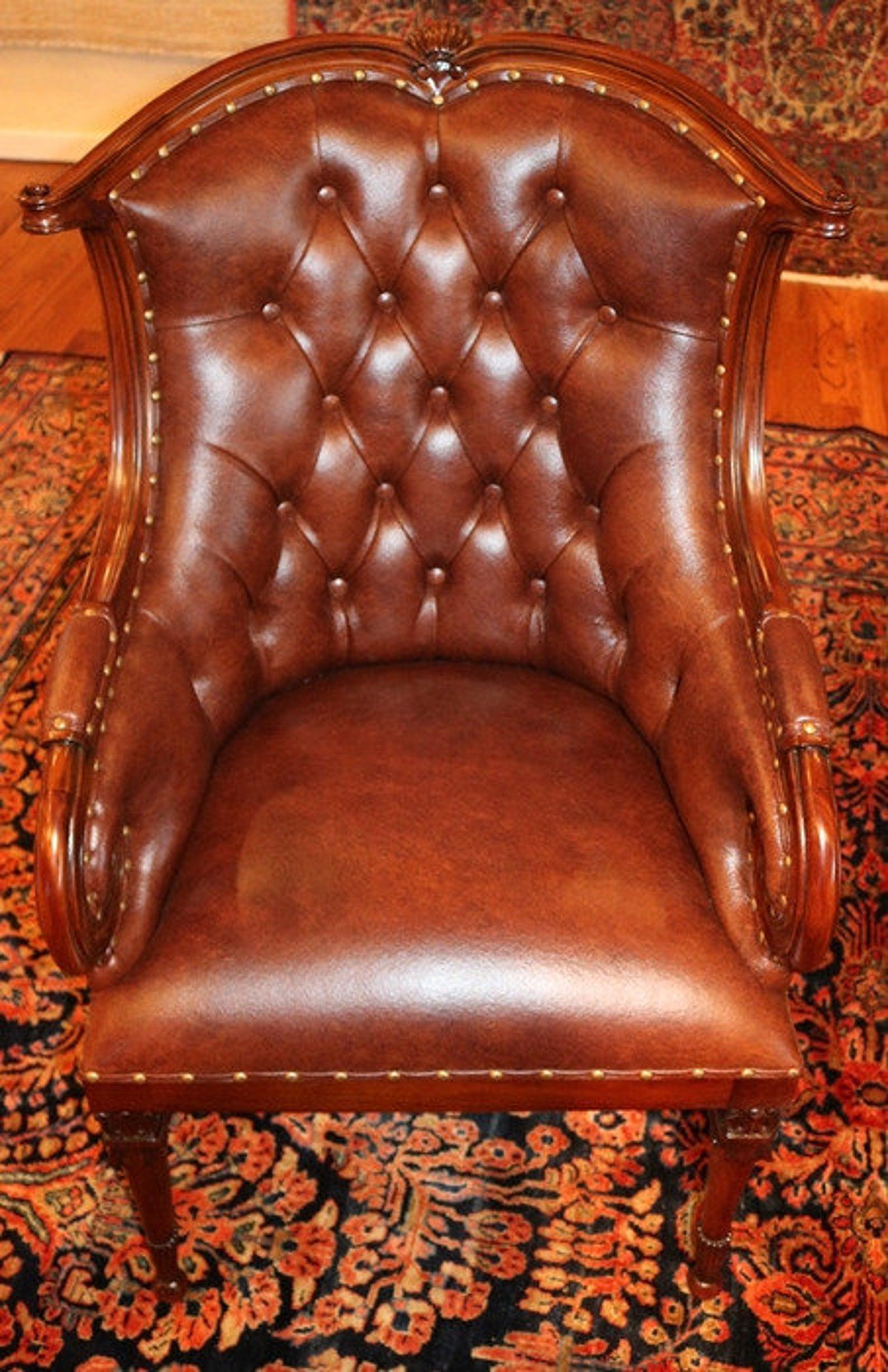 Pair of Brown Real Top Grain Leather Tufted Library Fireside Chairs  For Sale 2