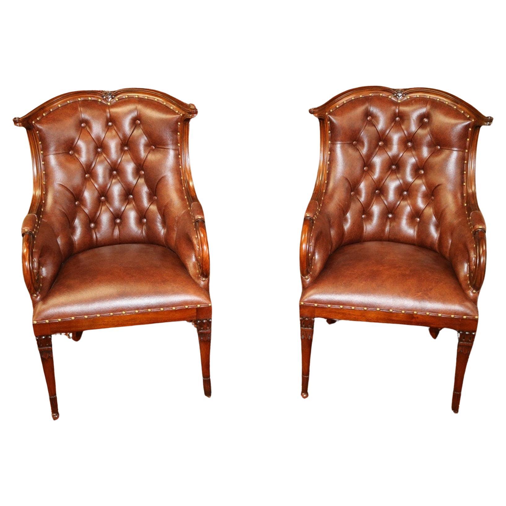 Pair of Brown Real Top Grain Leather Tufted Library Fireside Chairs  For Sale