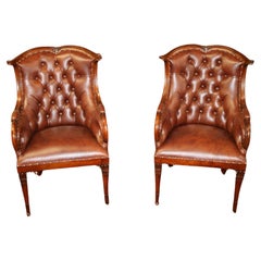 Pair of Brown Real Top Grain Leather Tufted Library Fireside Chairs 