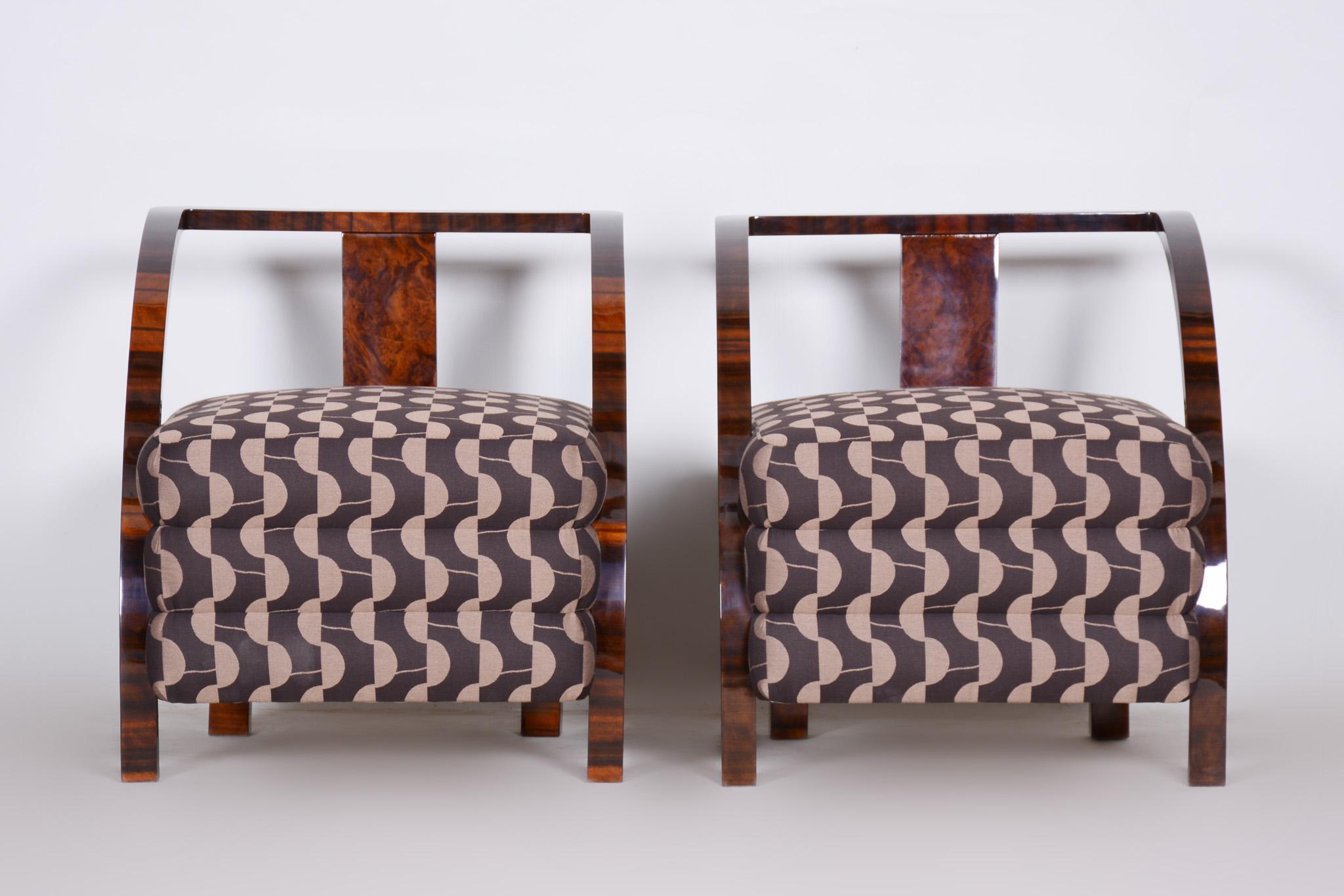 Czech Pair of Brown Restored Art Deco Armchairs, New Professional Upholstery, 1920s