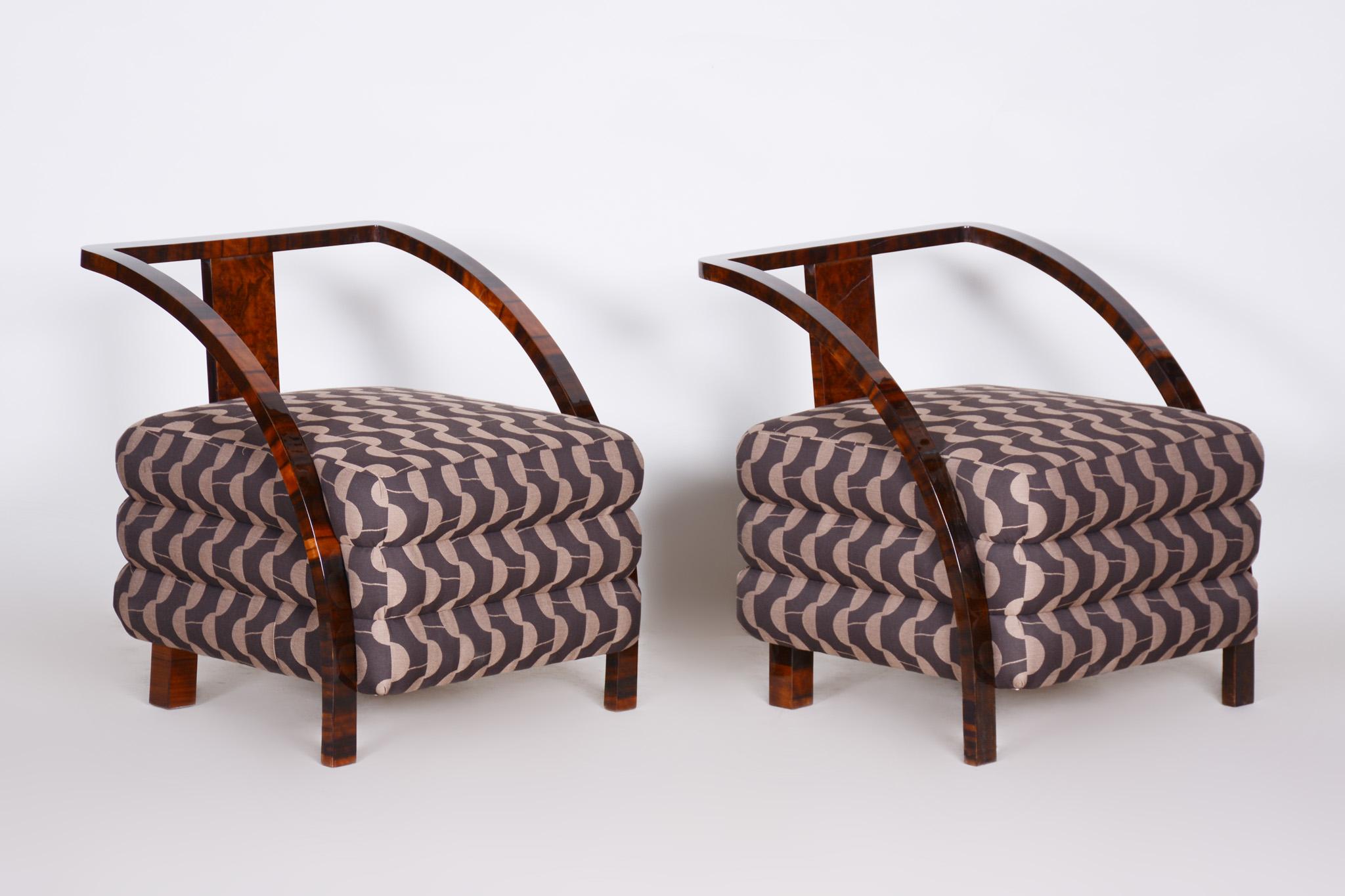 Early 20th Century Pair of Brown Restored Art Deco Armchairs, New Professional Upholstery, 1920s