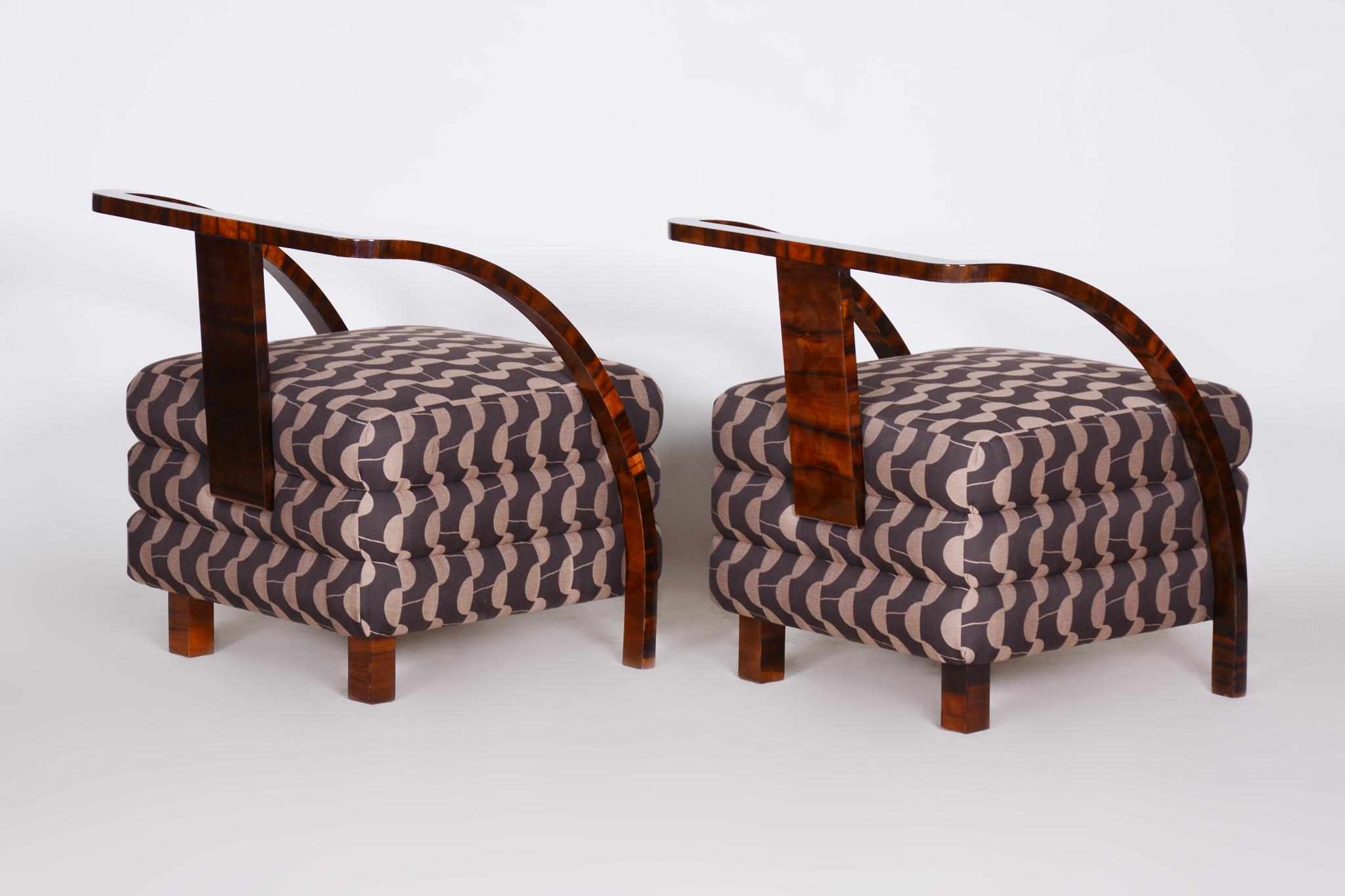 Fabric Pair of Brown Restored Art Deco Armchairs, New Professional Upholstery, 1920s