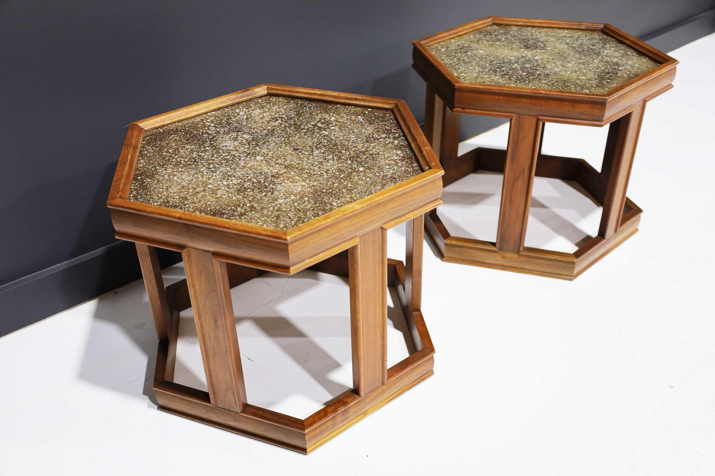 Mid-Century Modern Pair of Brown Saltman Hexagon Tables