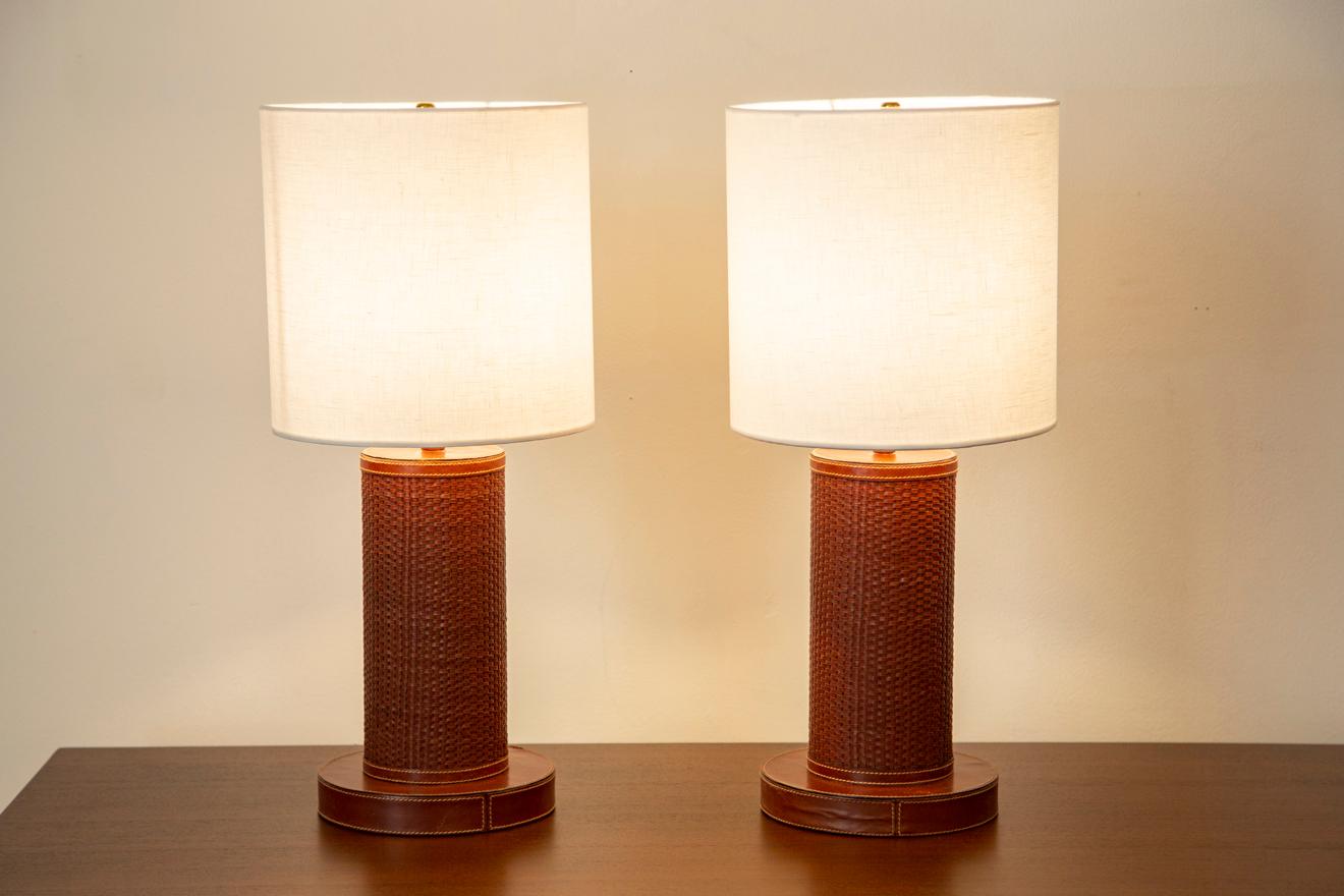 Pair of Brown Stitched Leather Table Lamps, France 1970's 2