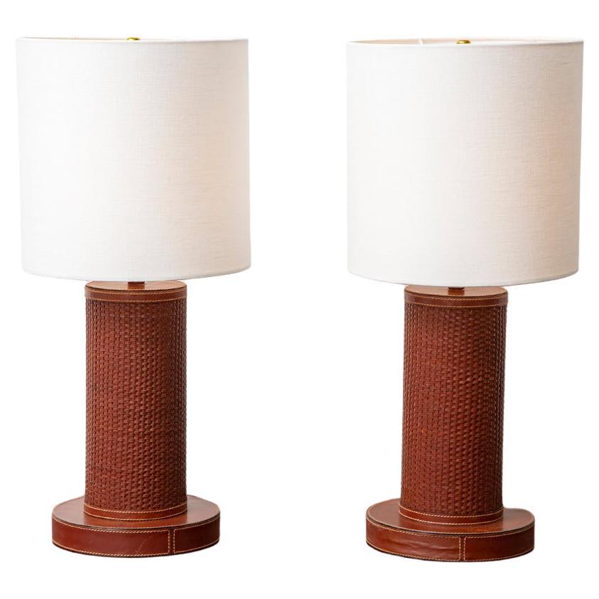 Pair of Brown Stitched Leather Table Lamps, France 1970's