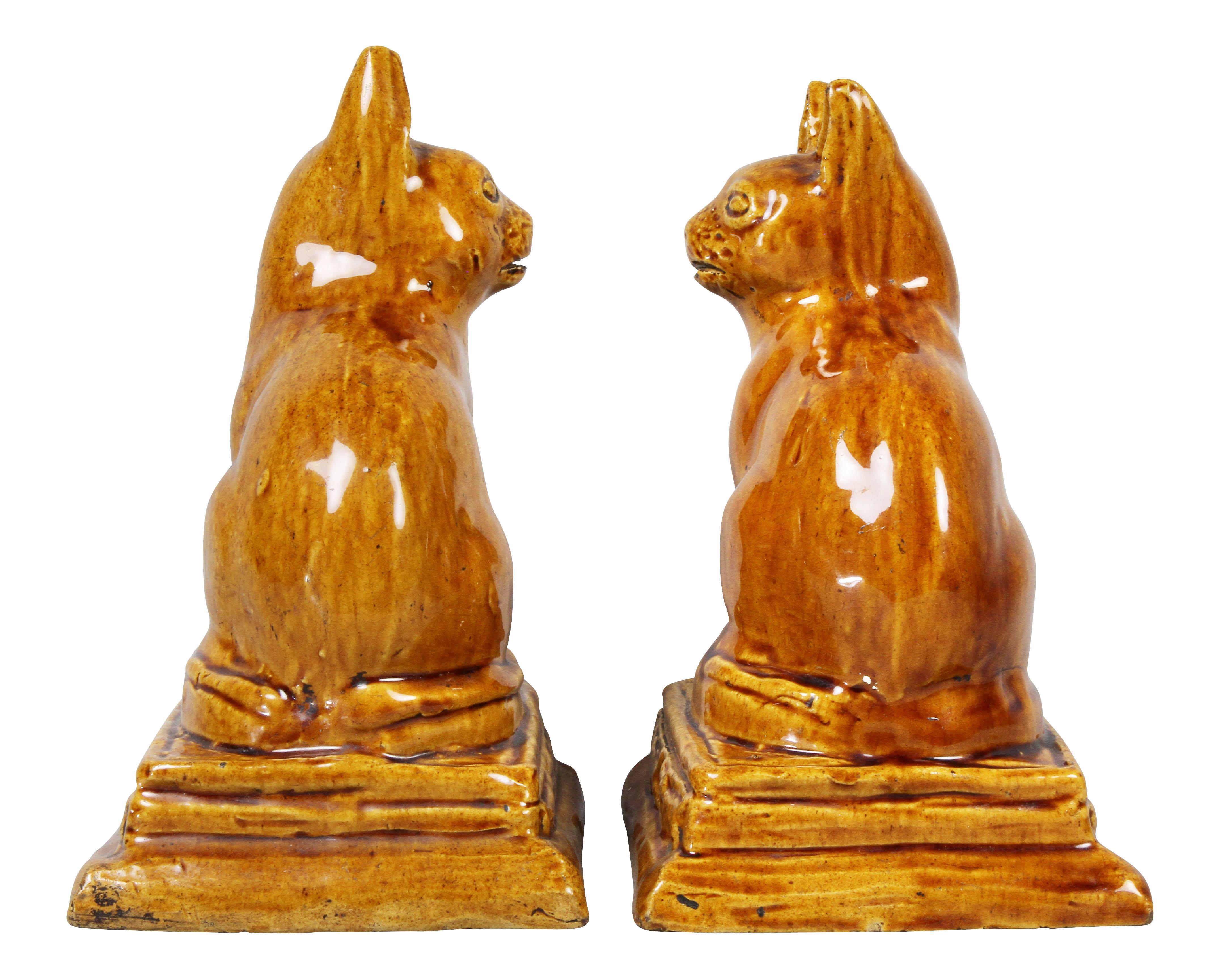 Pottery Pair of Brown Stoneware Cats For Sale