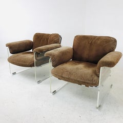 Pair of Brown Suede Pace Chairs with Lucite Arms
