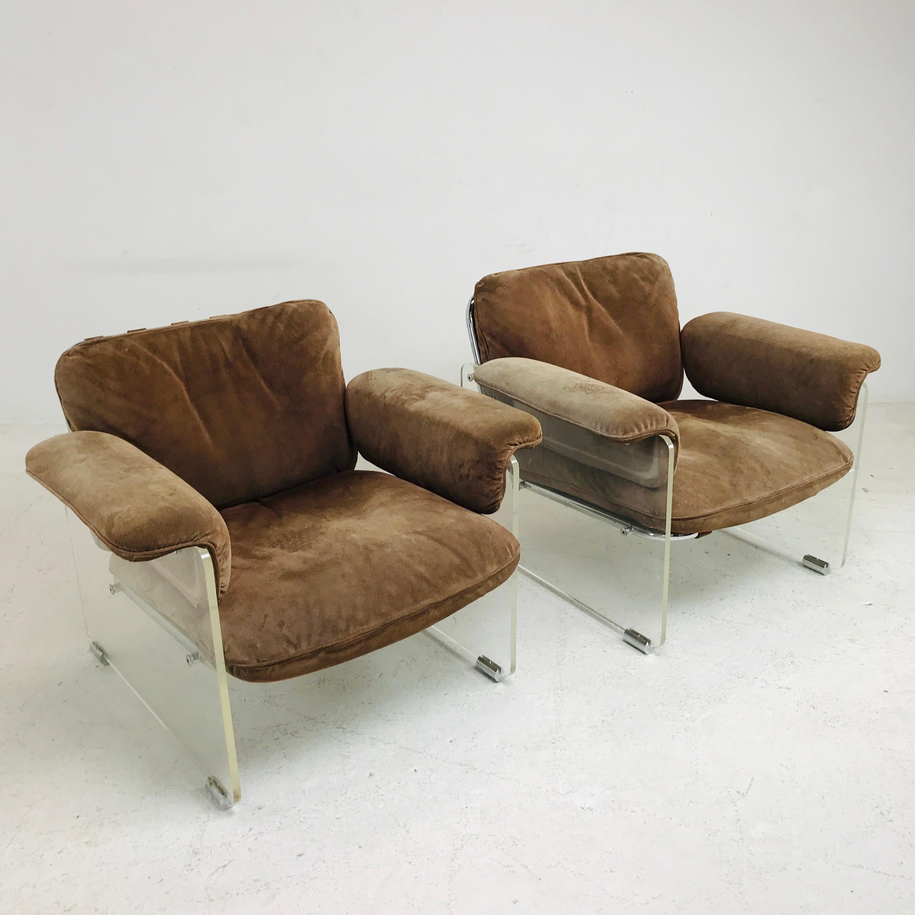 Mid-Century Modern Pair of Brown Suede Pace Chairs with Lucite Arms