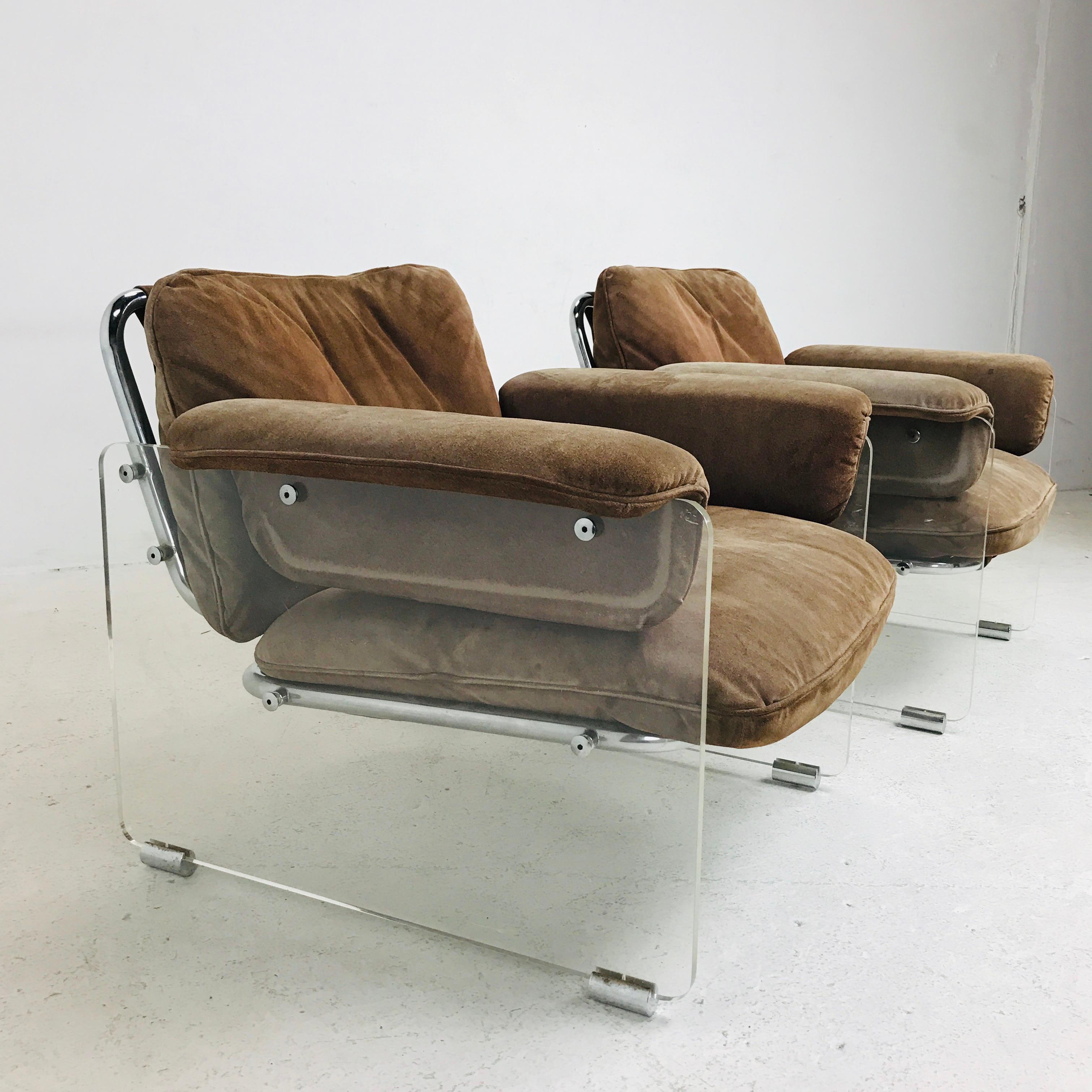 Italian Pair of Brown Suede Pace Chairs with Lucite Arms