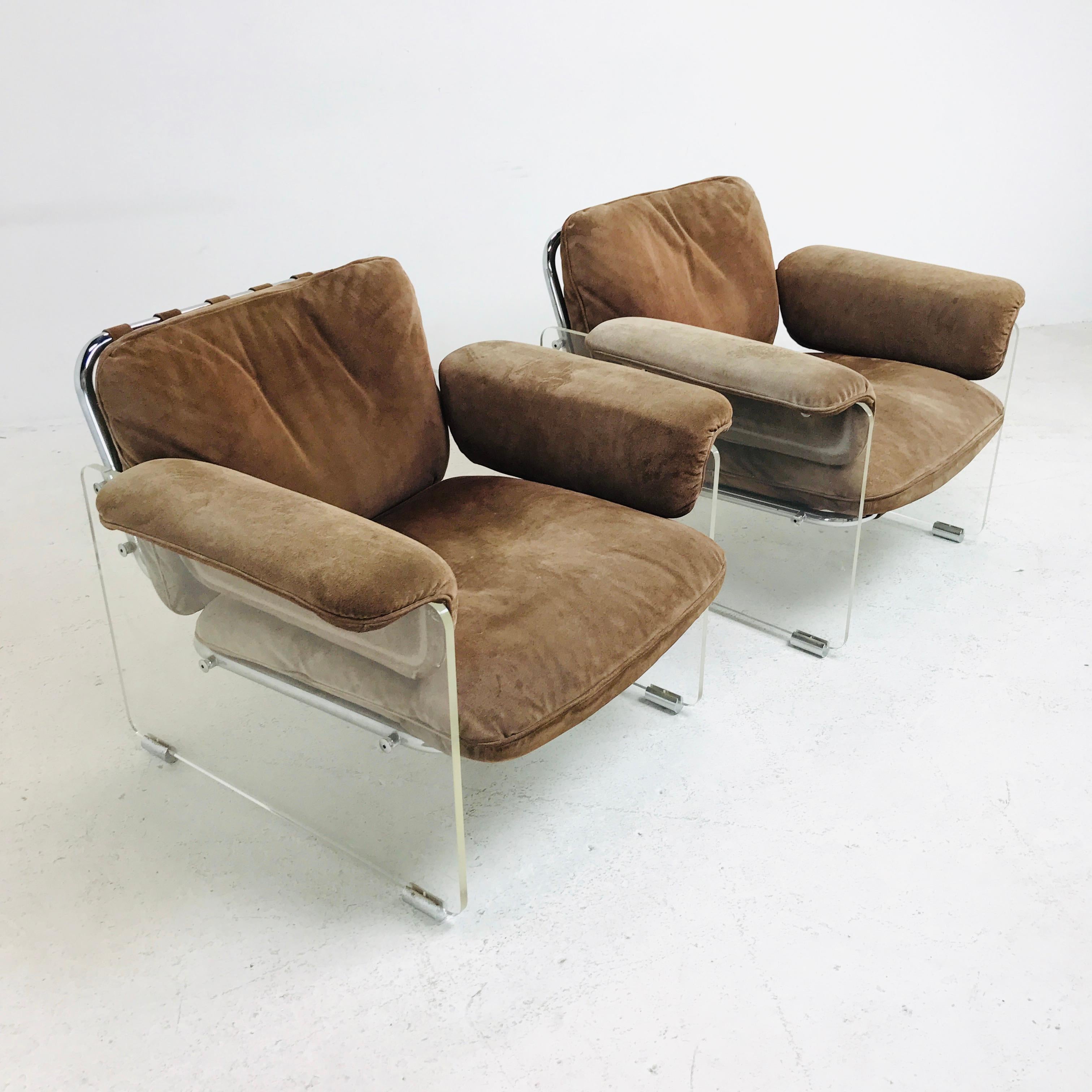 Pair of Brown Suede Pace Chairs with Lucite Arms In Good Condition In Dallas, TX