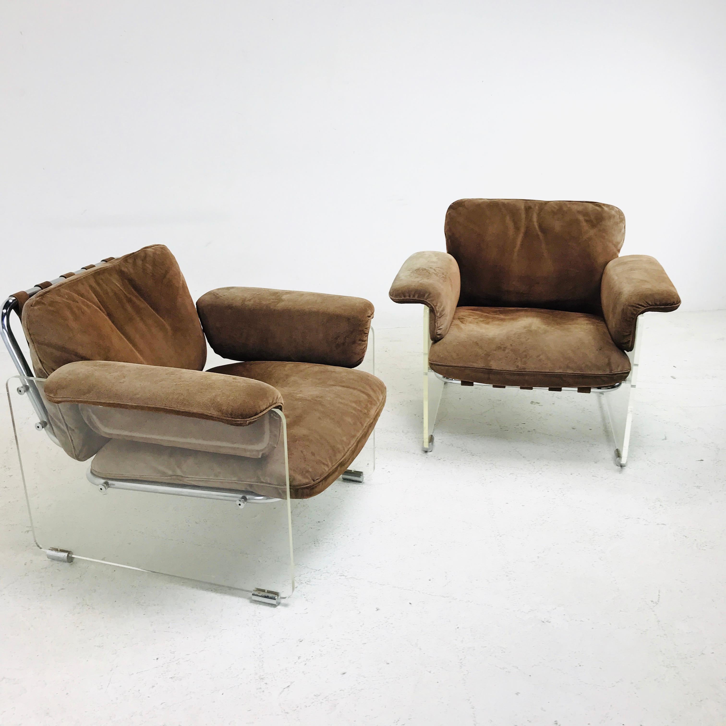 Late 20th Century Pair of Brown Suede Pace Chairs with Lucite Arms