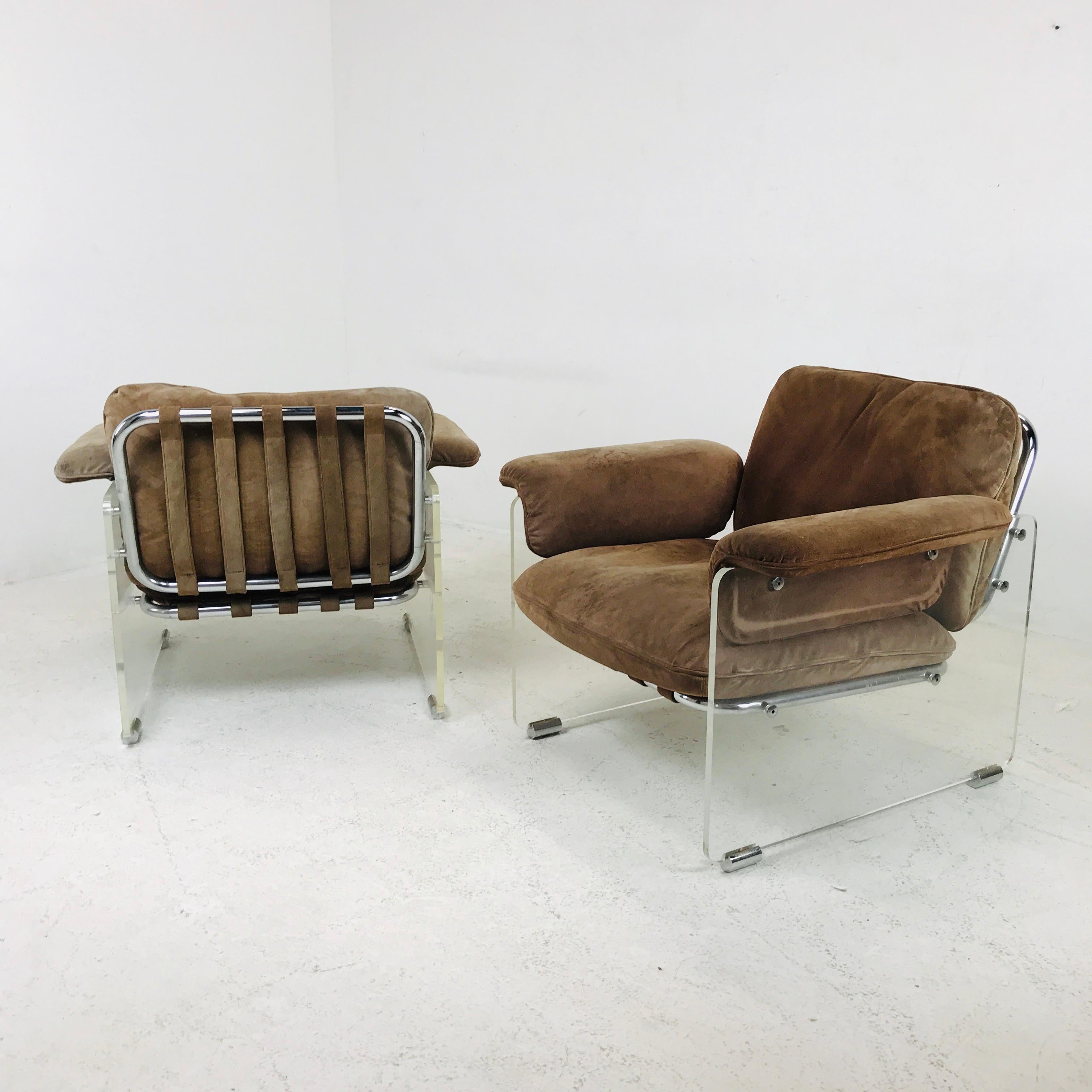 Pair of Brown Suede Pace Chairs with Lucite Arms 1