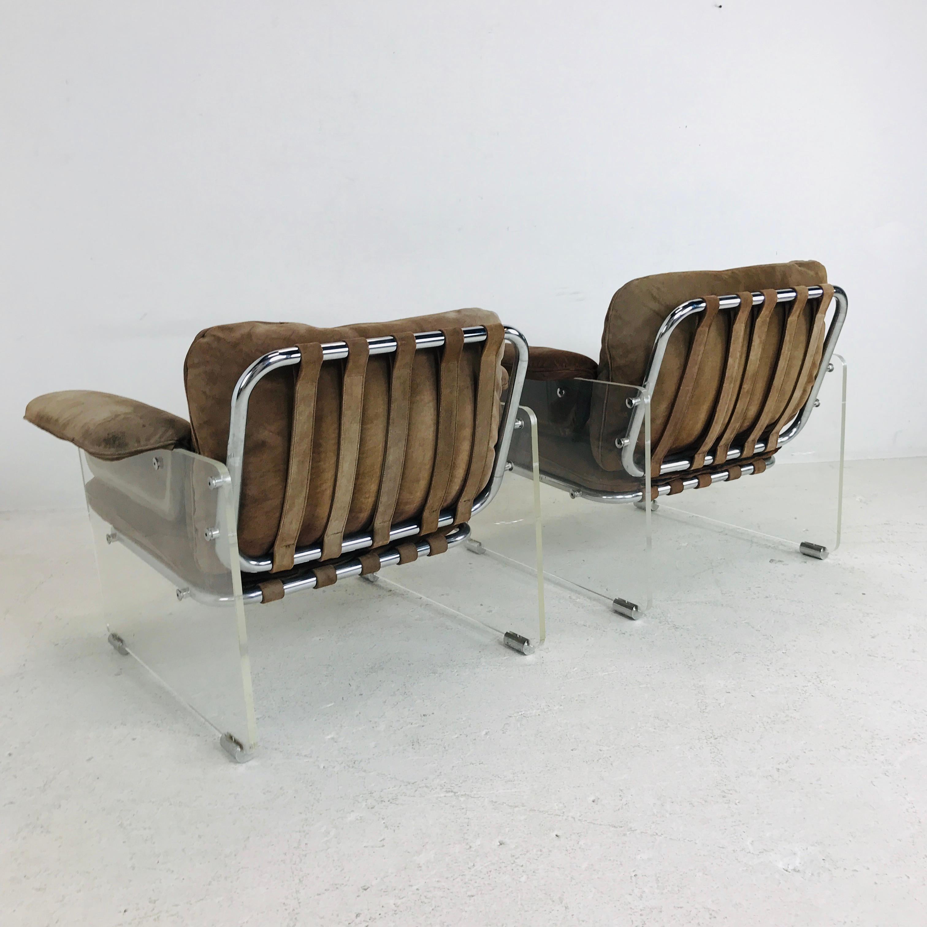 Pair of Brown Suede Pace Chairs with Lucite Arms 2