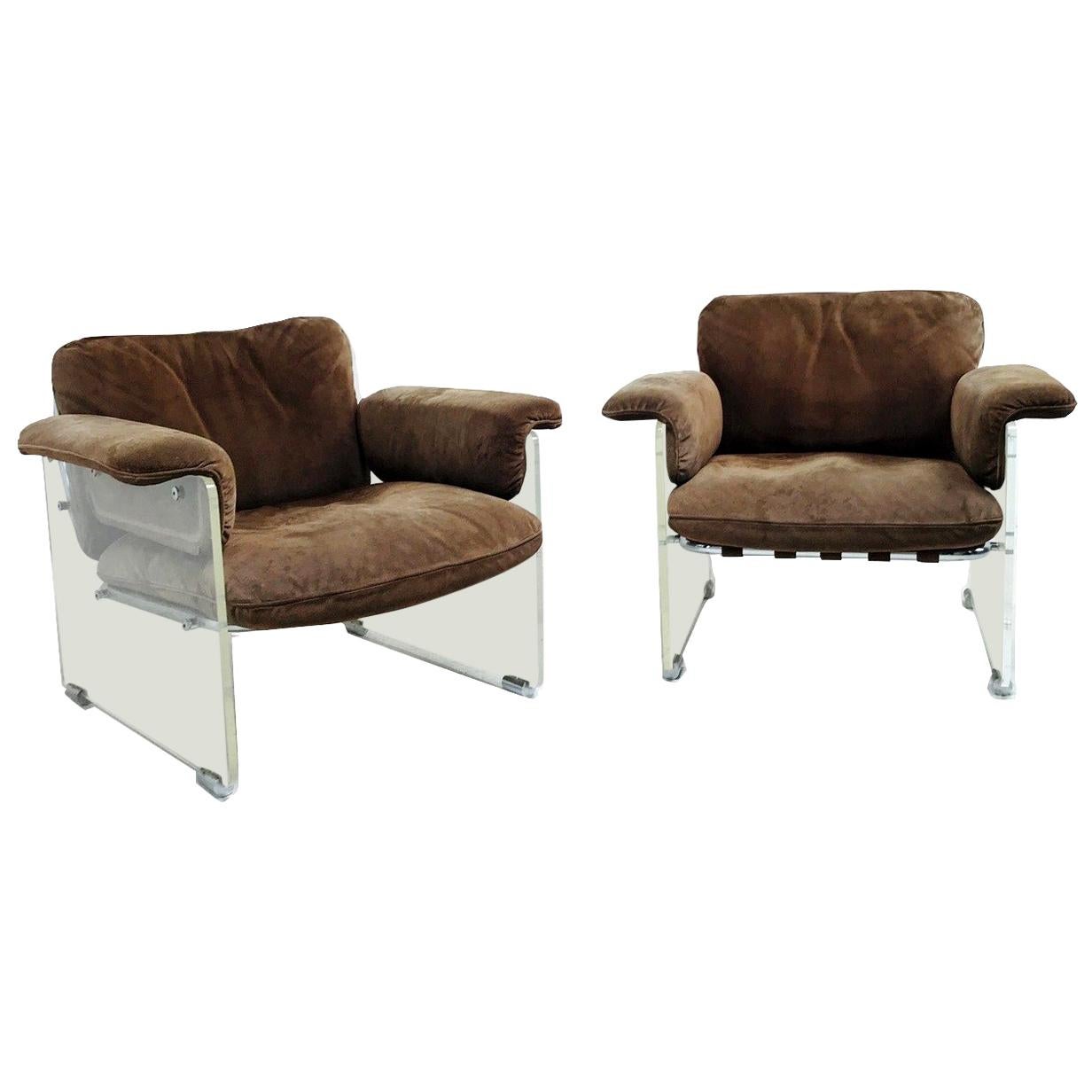 Pair of Brown Suede Pace Chairs with Lucite Arms