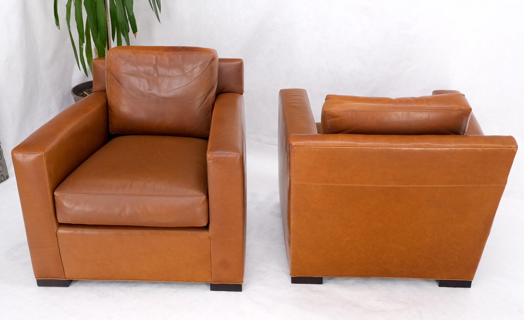 Pair of Brown Tan Leather Lounge Chairs by Coach For Sale 4