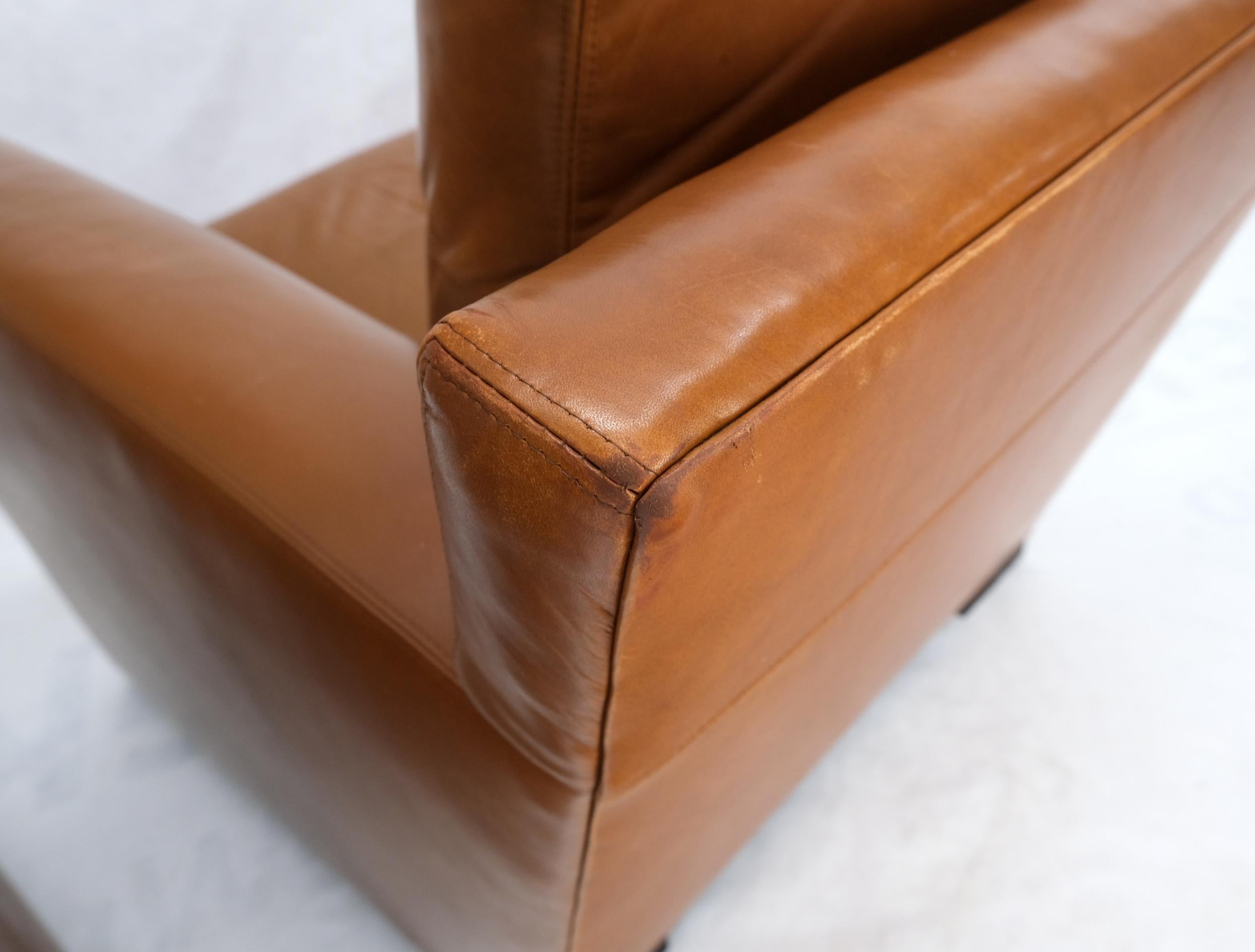 Pair of Brown Tan Leather Lounge Chairs by Coach For Sale 6