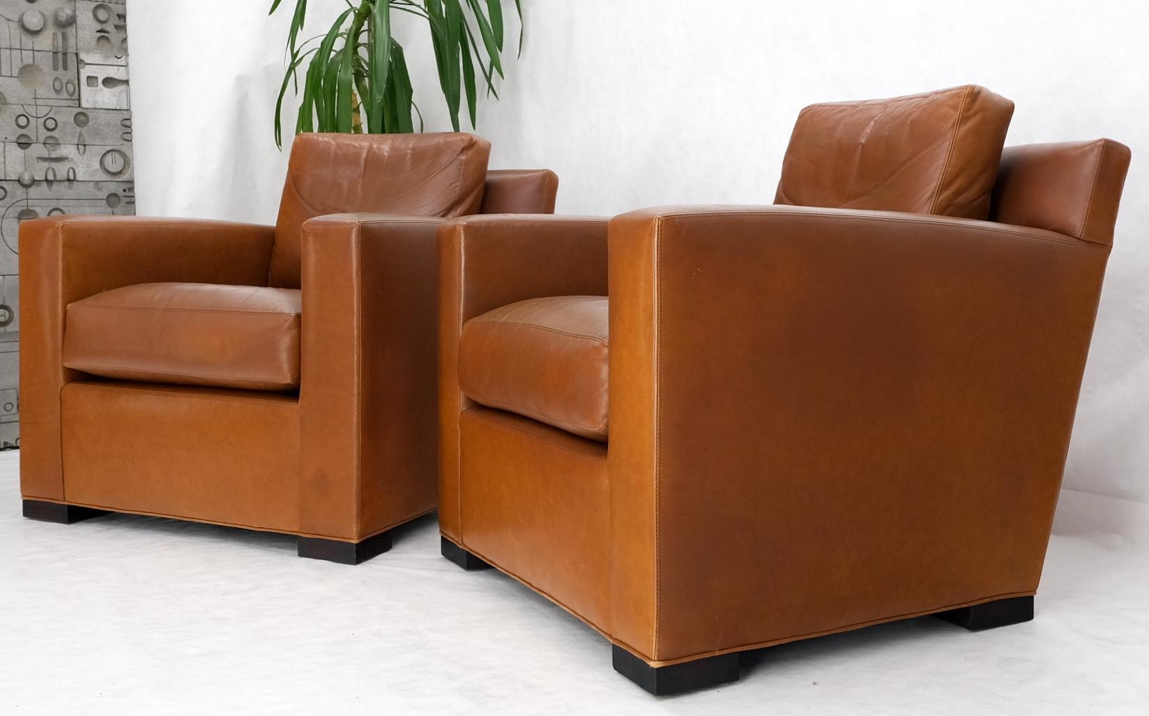 American Pair of Brown Tan Leather Lounge Chairs by Coach For Sale