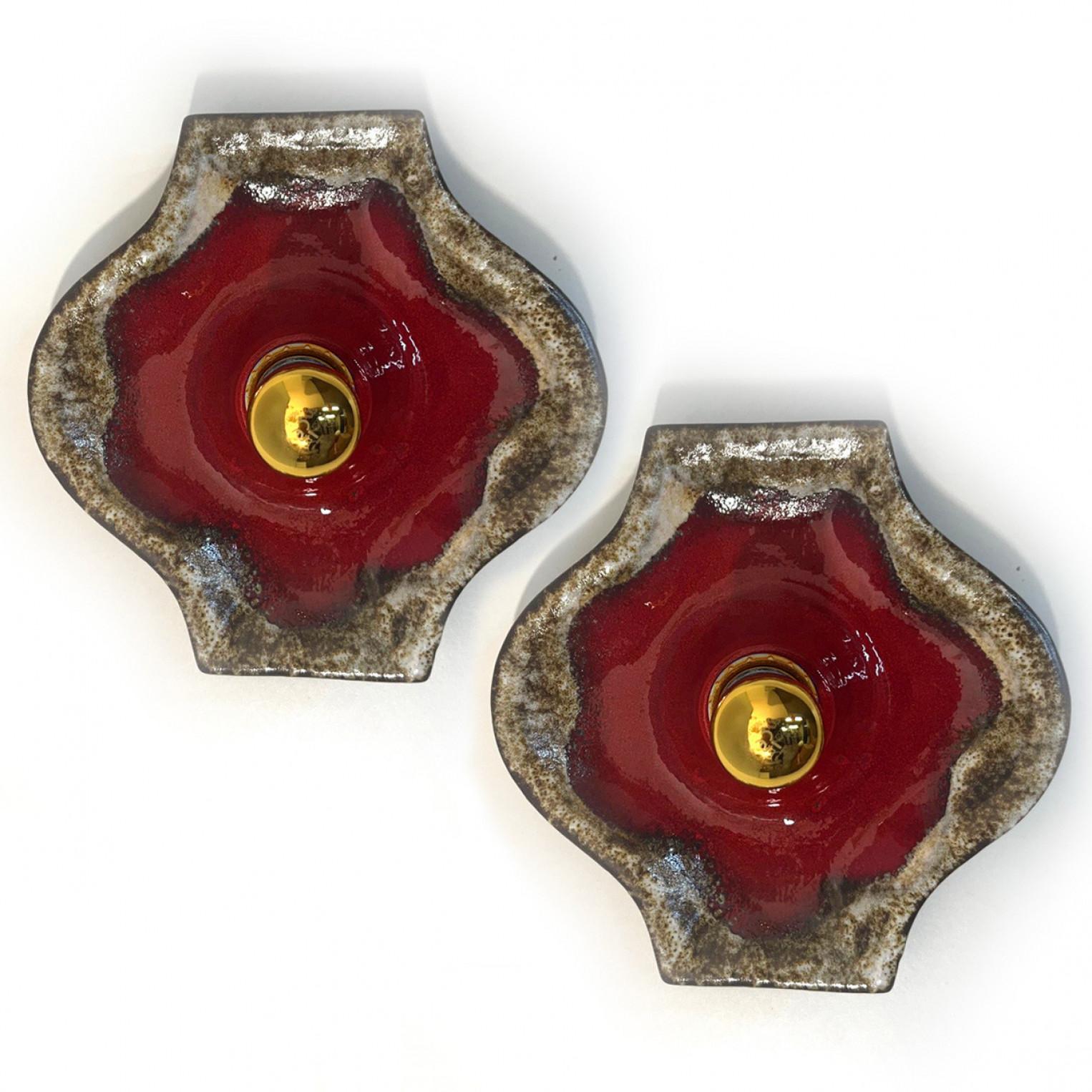 Glazed Pair of Brown Taupe Red Square Ceramic Wall Lights by Hustadt Keramik, Germany For Sale