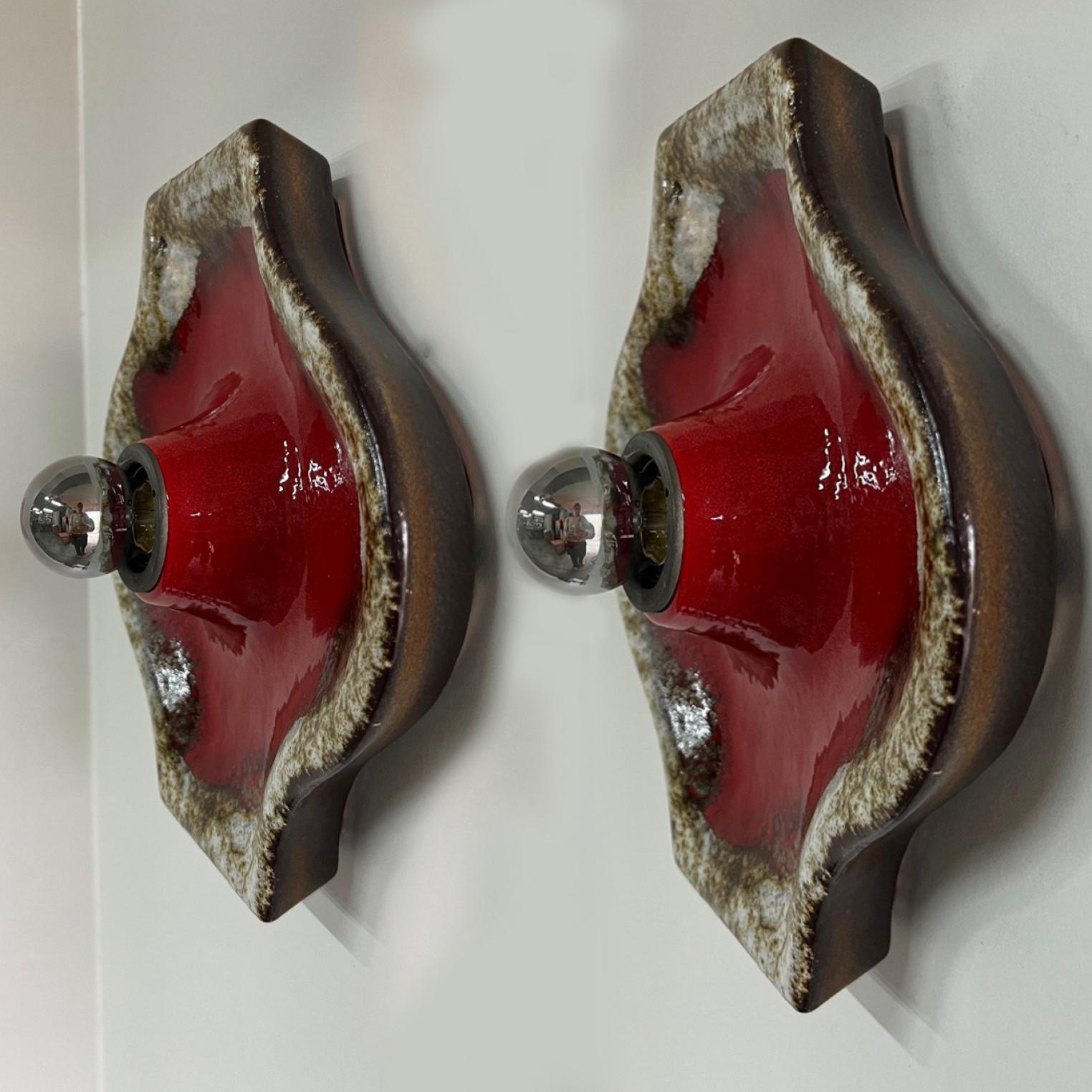 Pair of Brown Taupe Red Square Ceramic Wall Lights by Hustadt Keramik, Germany In Good Condition For Sale In Rijssen, NL