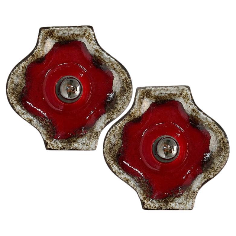 Pair of Brown Taupe Red Square Ceramic Wall Lights by Hustadt Keramik, Germany For Sale