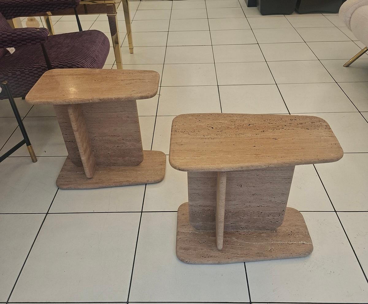 French Pair of brown travertine end tables For Sale