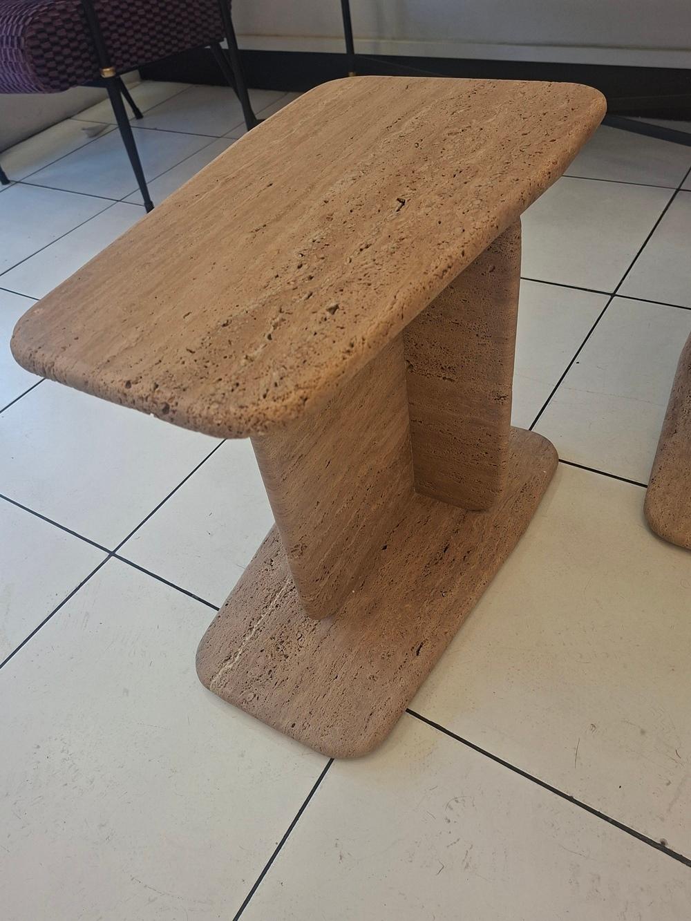 Travertine Pair of brown travertine end tables For Sale