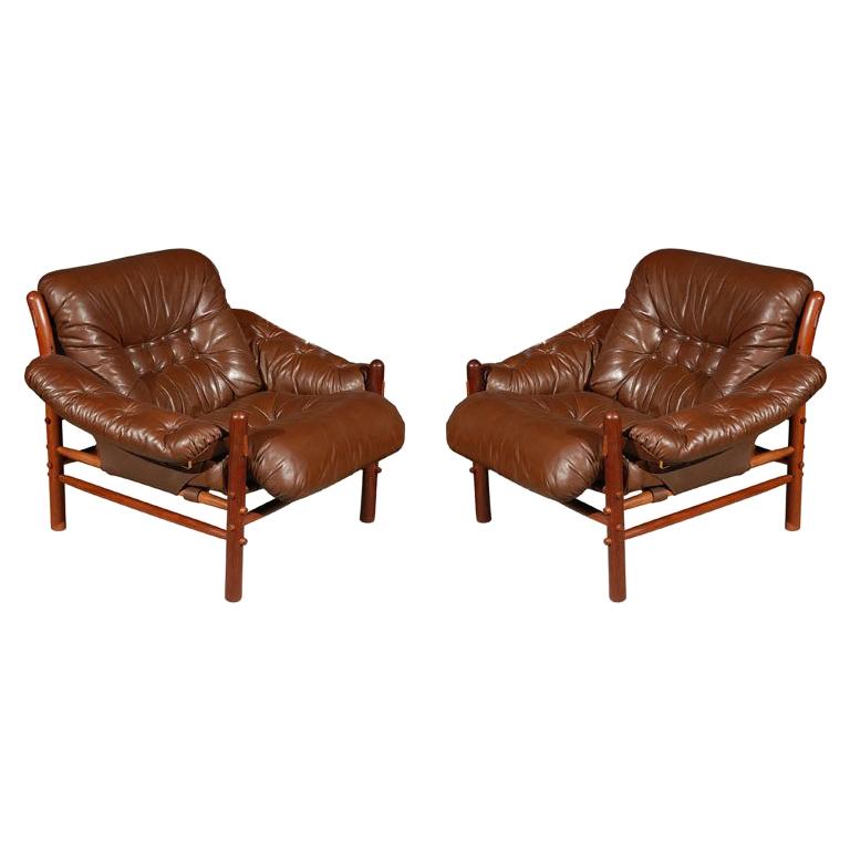 Pair of Brown Tufted Leather Chairs by Arne Norell For Sale