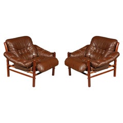Pair of Brown Tufted Leather Chairs by Arne Norell