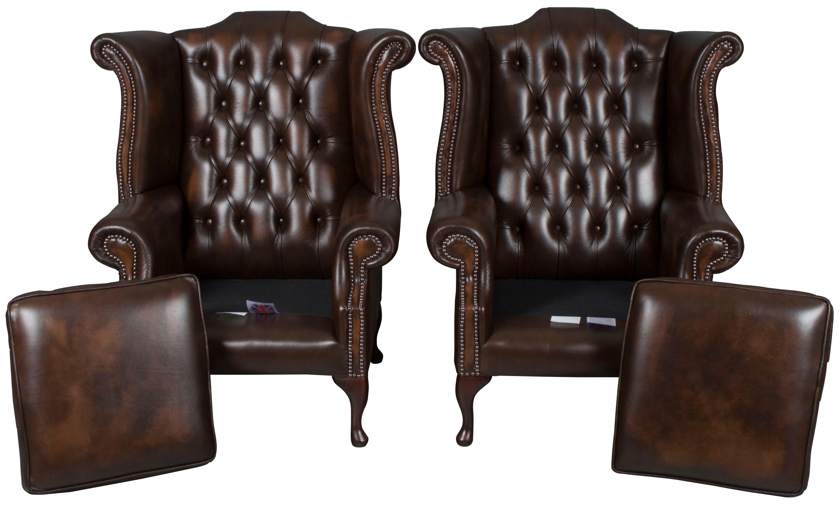 Pair of Brown Tufted Leather Wing Back Armchairs 4