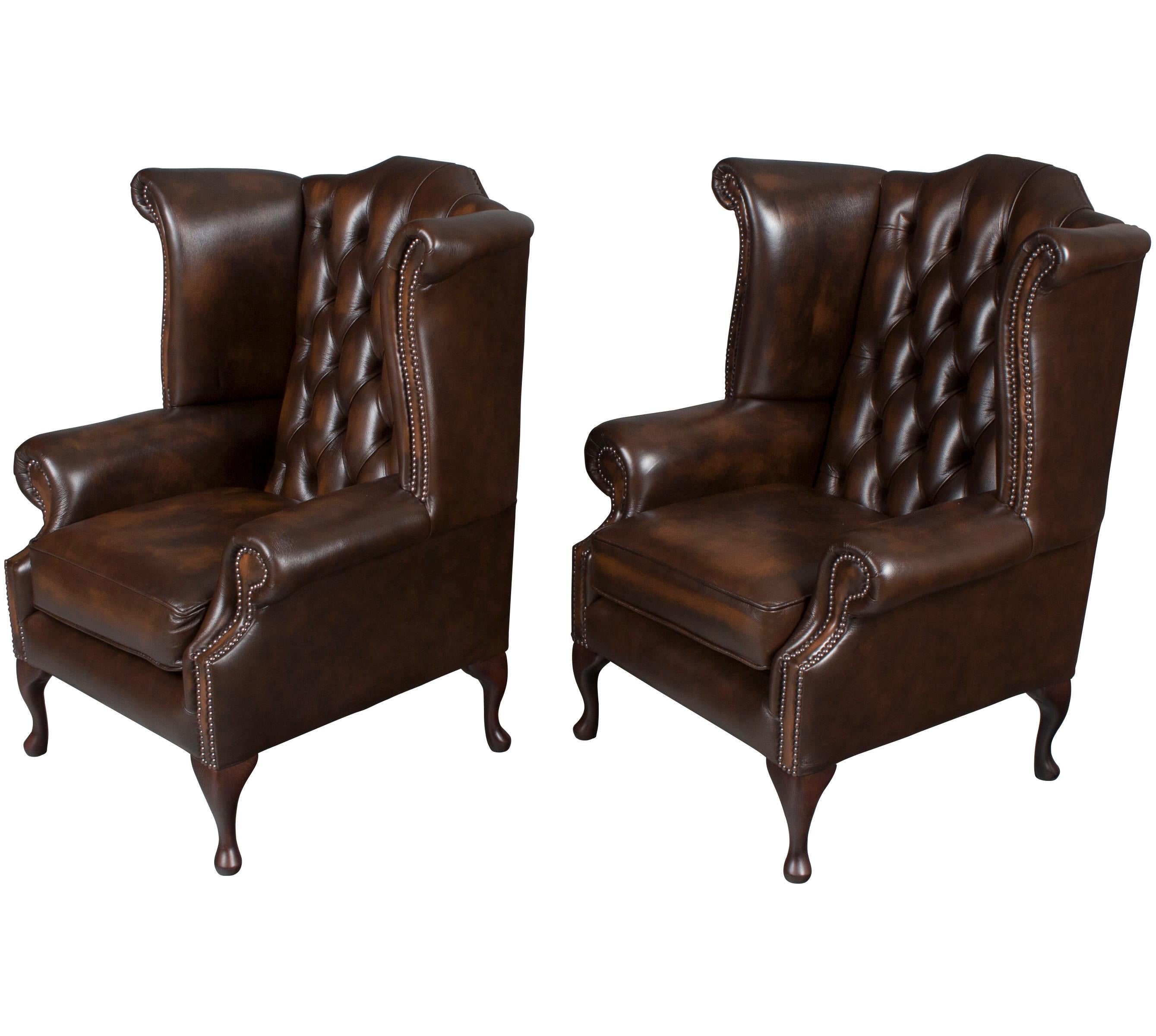 Queen Anne Pair of Brown Tufted Leather Wing Back Armchairs