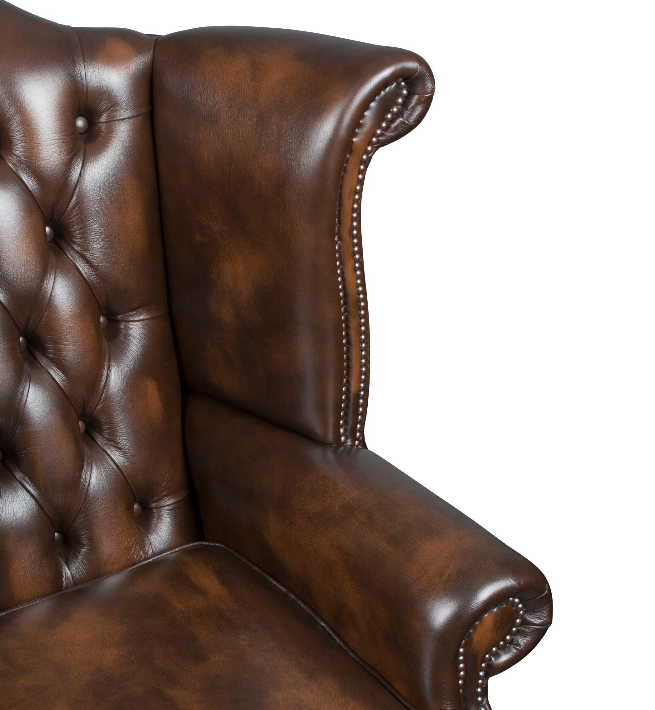 Pair of Brown Tufted Leather Wing Back Armchairs 2