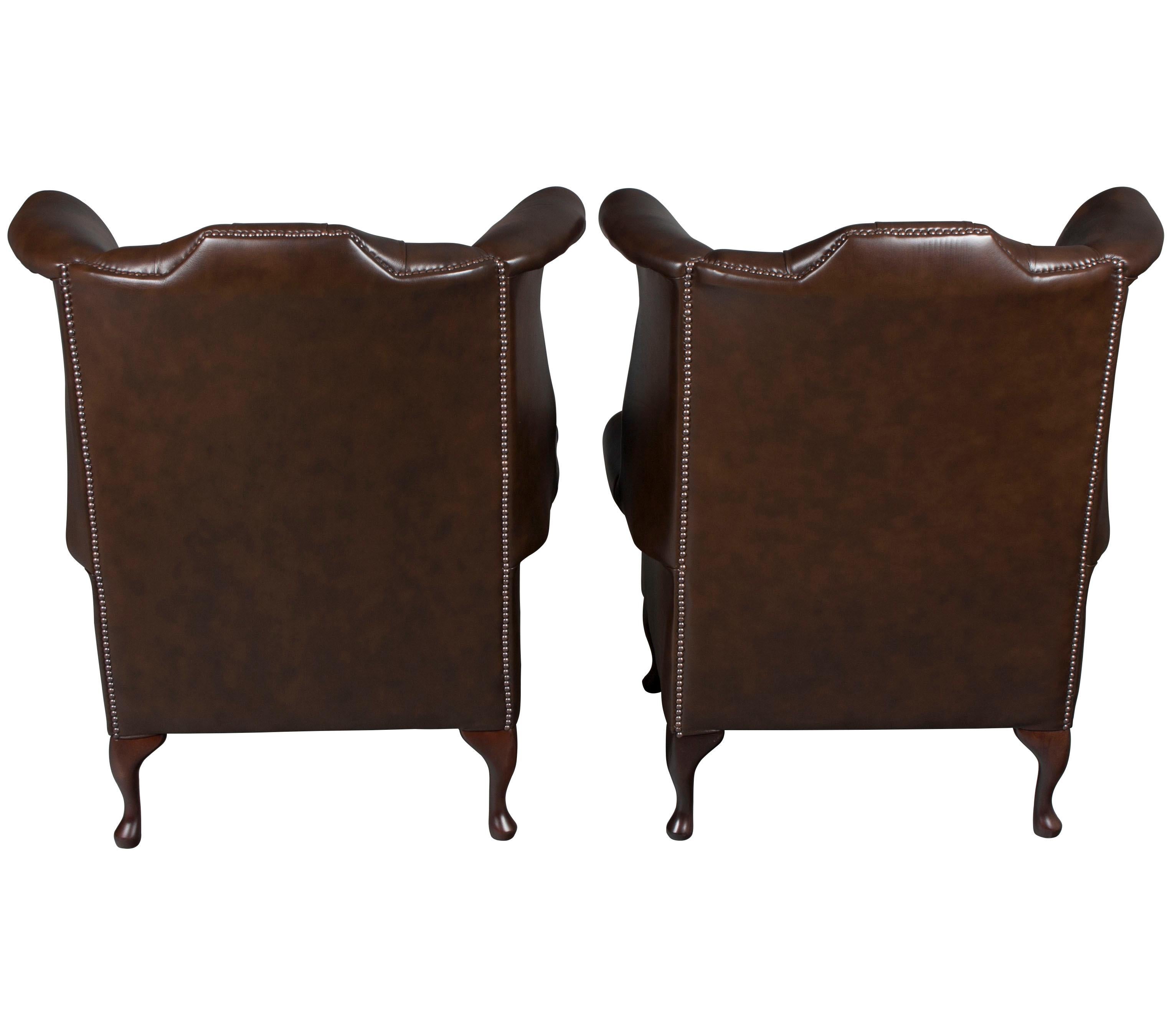 Pair of Brown Tufted Leather Wing Back Armchairs 3