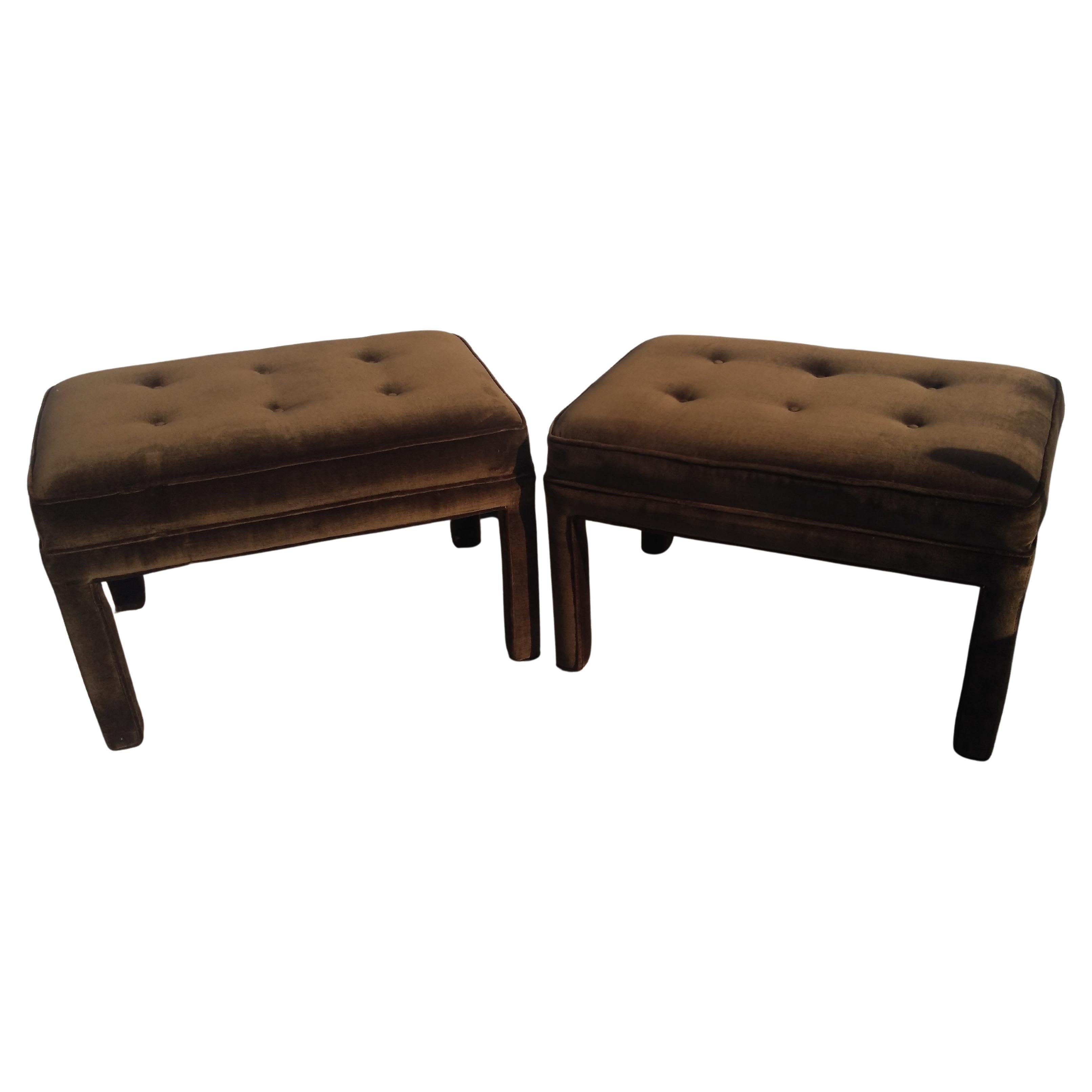 Pair of Brown Velour Parsons Style Tufted Ottomans