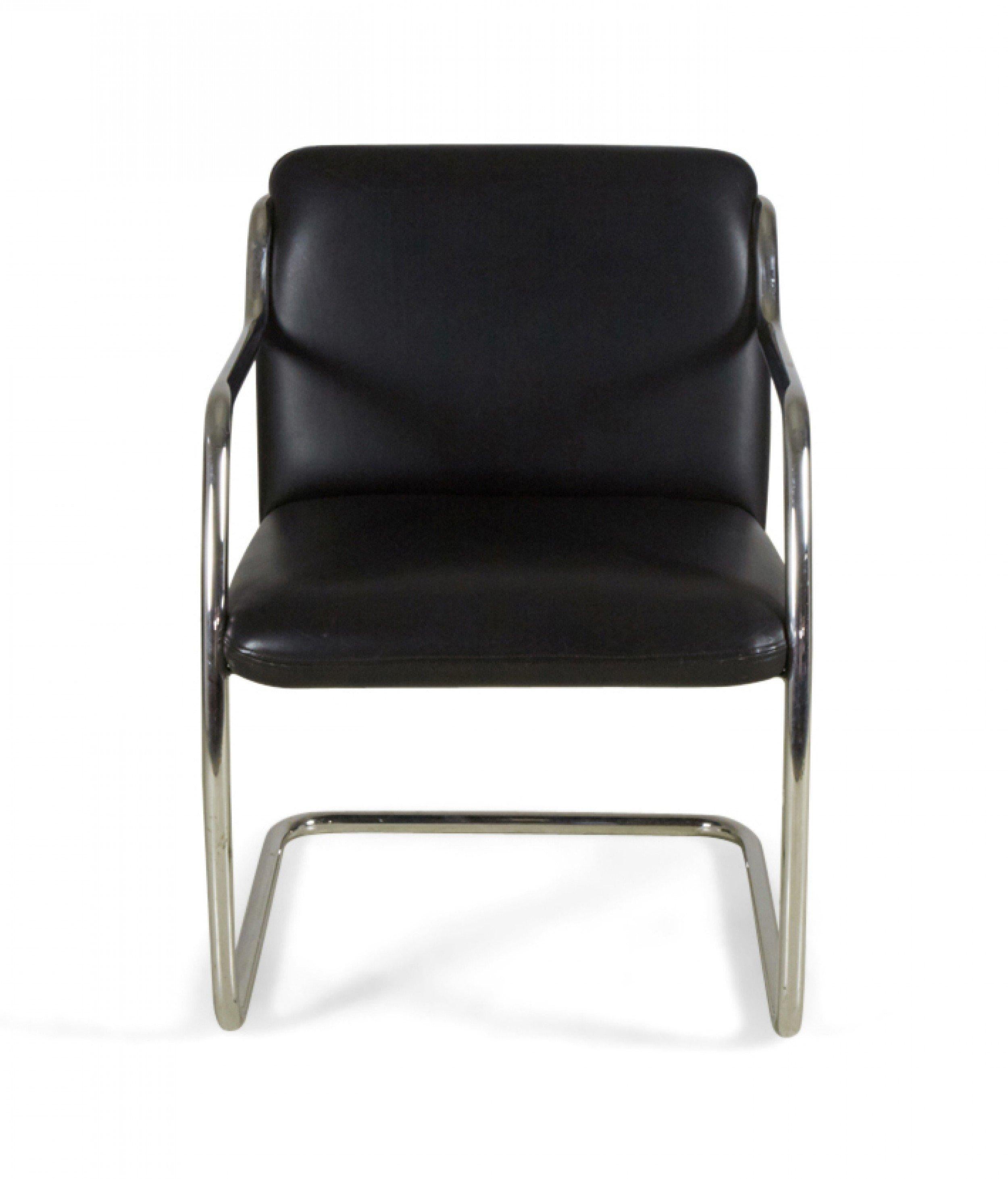 Modern Pair of Brueton Contemporary Black Leather and Steel Tube Frame Armchairs For Sale