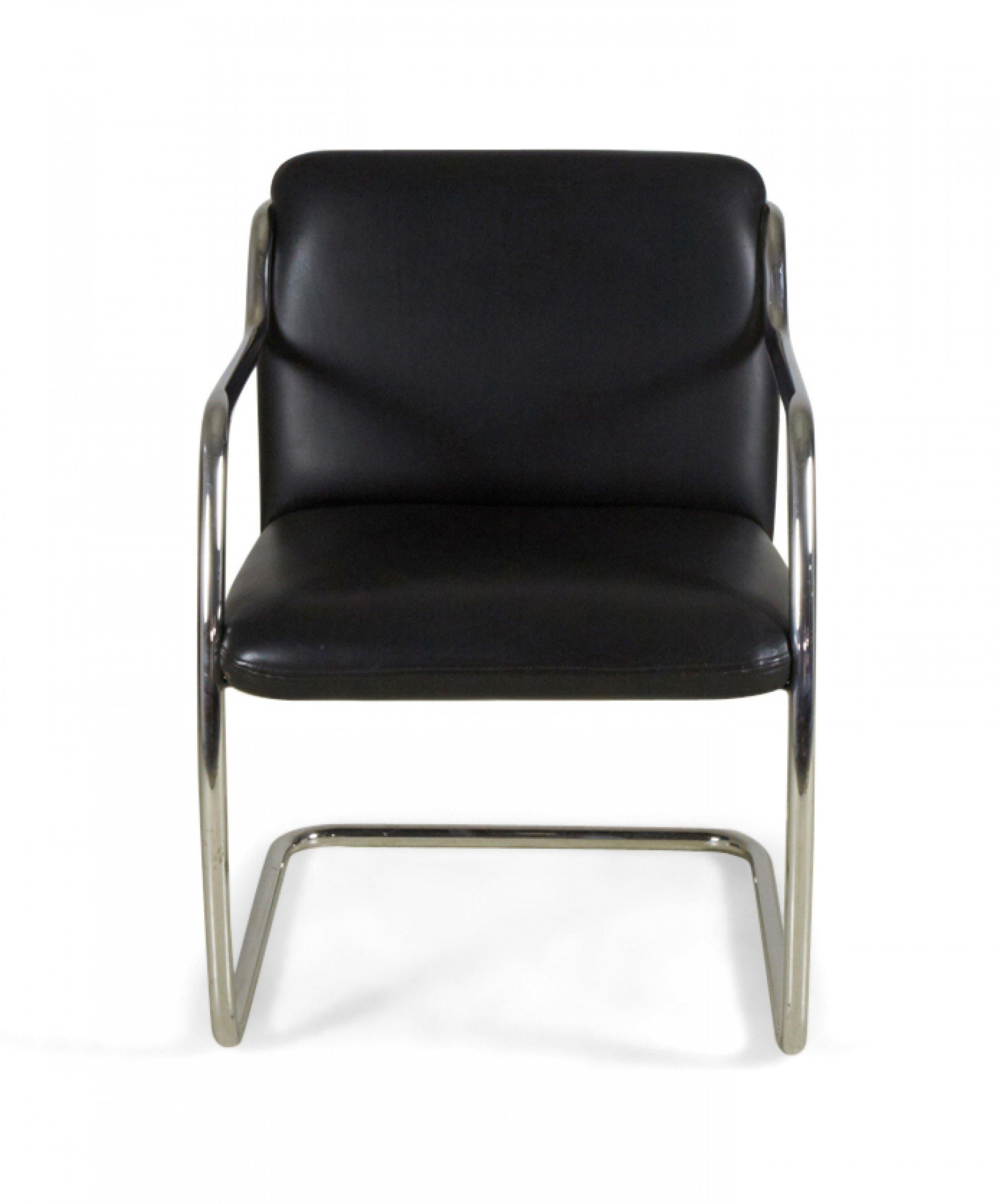 American Pair of Brueton Contemporary Black Leather and Steel Tube Frame Armchairs For Sale
